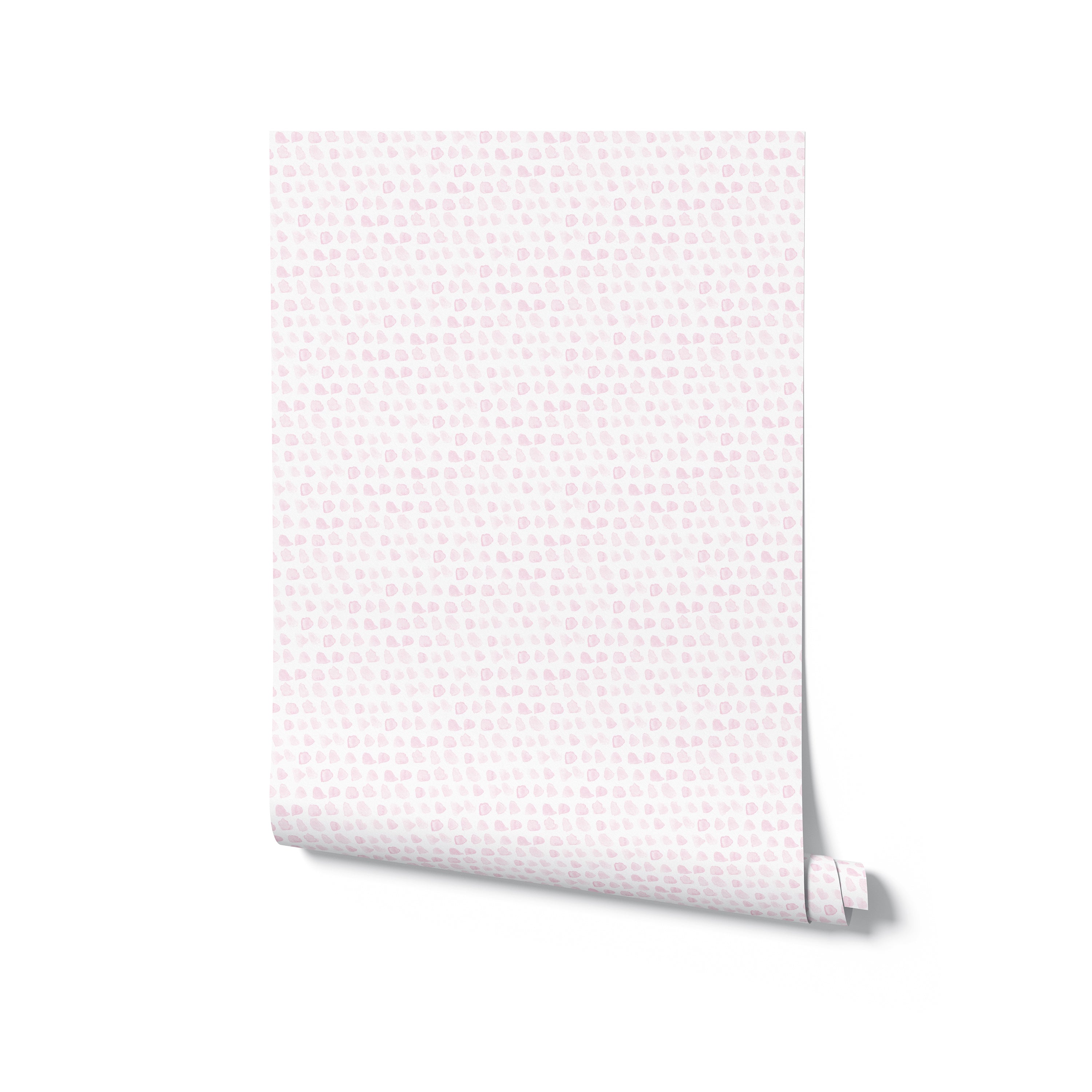 A realistic mockup of the Handpainted Dots Wallpaper rolled up and standing against a white background. The wallpaper features a delicate pattern of painted dots on a peony surface, illustrating the wallpaper's texture and color as it would appear when applied to a wall.