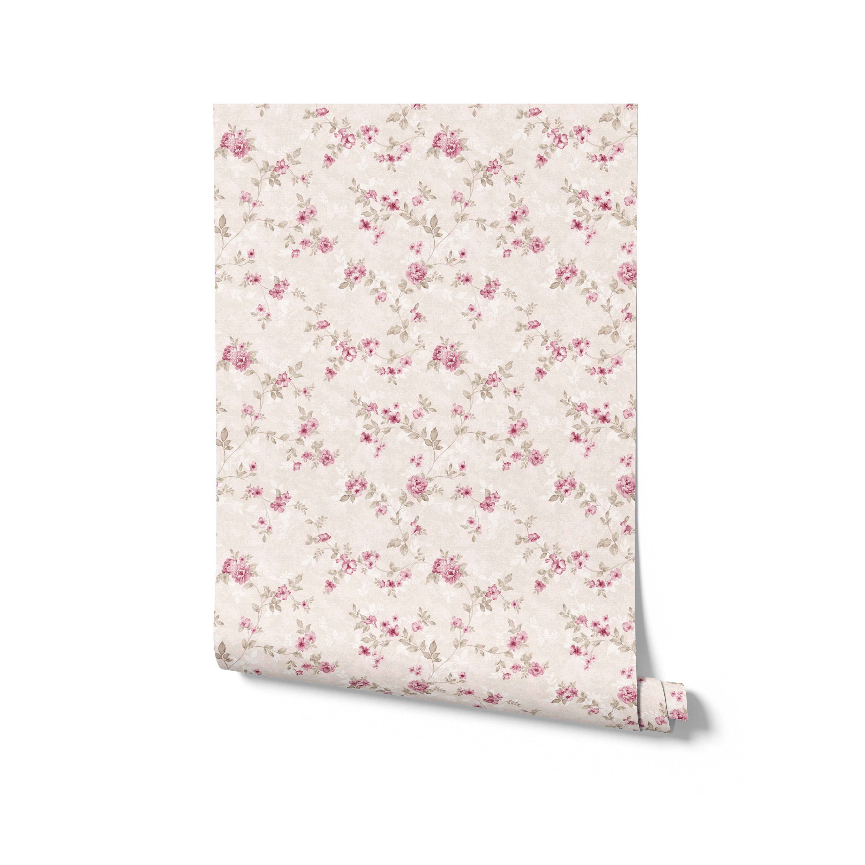 A rolled-up sample of the Catrice Floral Wallpaper displaying its pattern of tiny pink roses and greenery scattered across a beige background. This image showcases the wallpaper's potential for adding a touch of understated elegance to home decor.