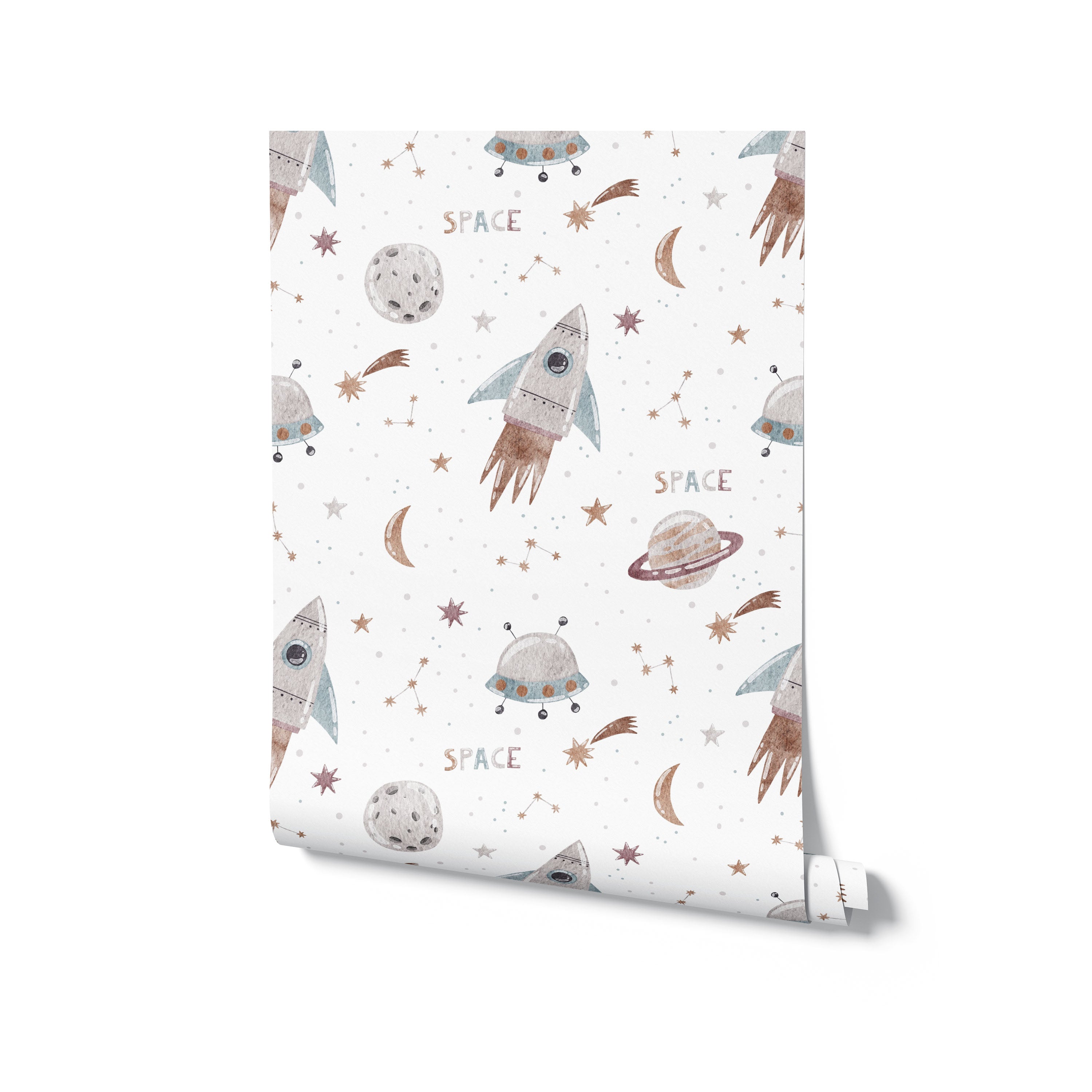 A roll of Space Craze Wallpaper depicting a playful pattern of rockets, planets, and stars on a neutral background, ideal for adding a touch of whimsy and adventure to any child’s room or creative space.