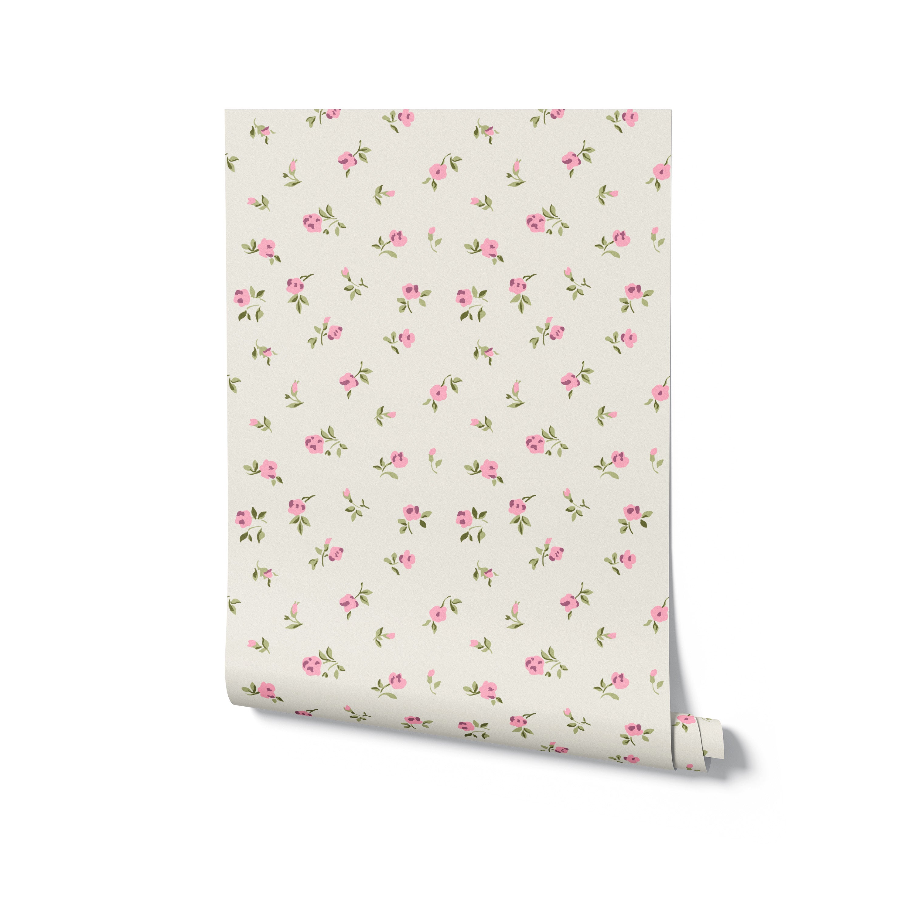A roll of Flora Wallpaper illustrating a gentle and cheerful pattern of pink blossoms and green leaves on a cream base. This wallpaper is perfect for adding a bright and airy feel to interior spaces, making rooms appear more spacious and welcoming.