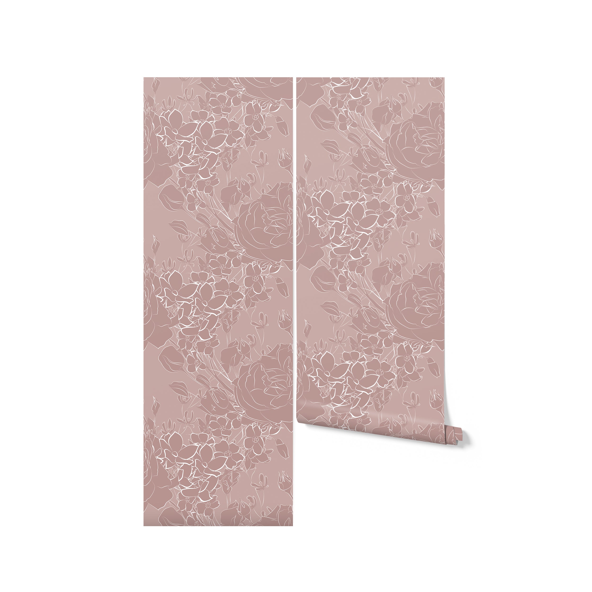 Close-up image of the Dusty Rose Floral Wallpaper, highlighting intricate white line drawings of roses on a muted pink background. The detailed artwork adds sophistication and grace to any room.