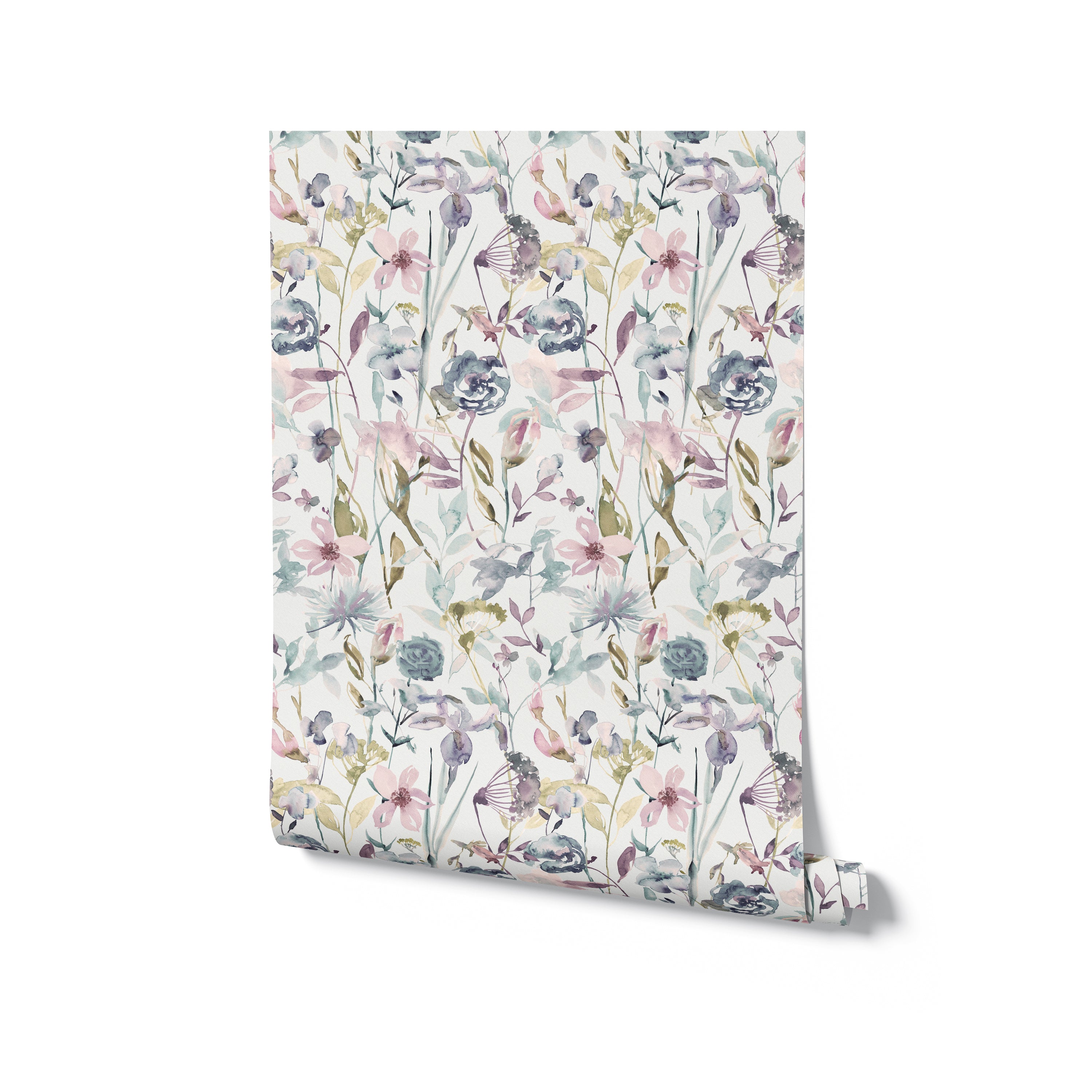 A rolled-up piece of Watercolour Meadow Wallpaper stands vertically against a white background. The wallpaper displays a beautiful and intricate pattern of watercolor flowers in pastel tones, ideal for adding a soft and elegant aesthetic to any room.