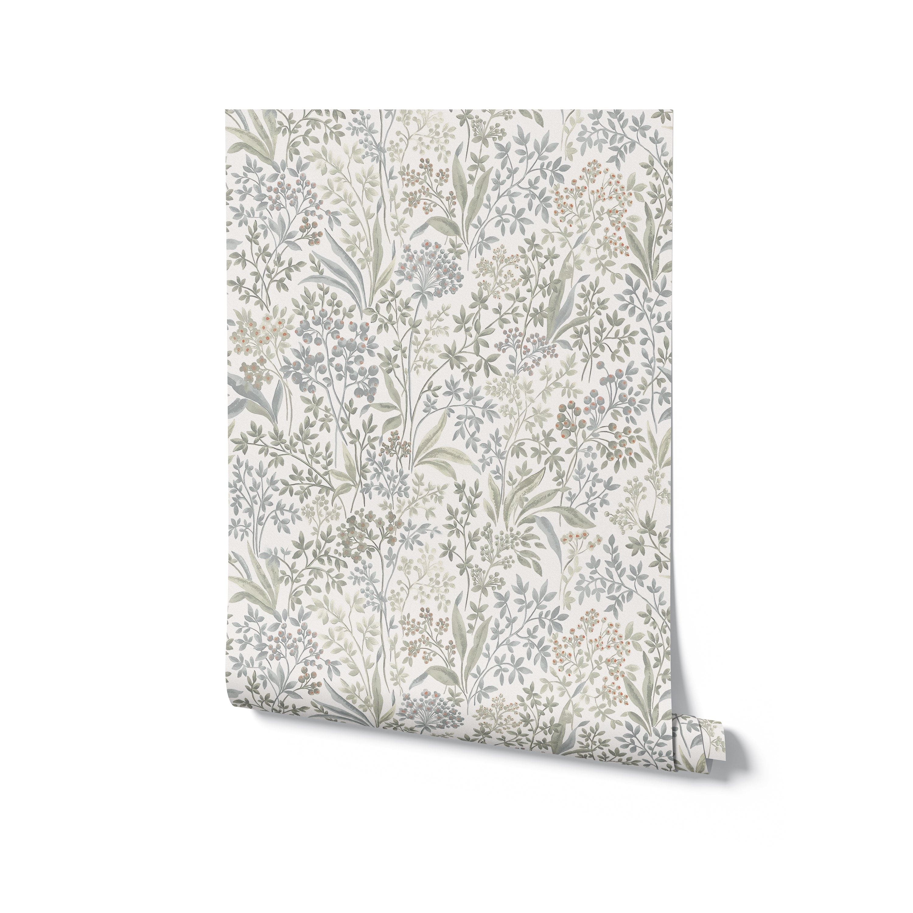 A roll of Harmony in Bloom Wallpaper showcasing a detailed and delicate pattern of various botanical elements in soft shades of green, gray, and blue on a neutral background. This wallpaper brings a subtle and sophisticated floral elegance to any space
