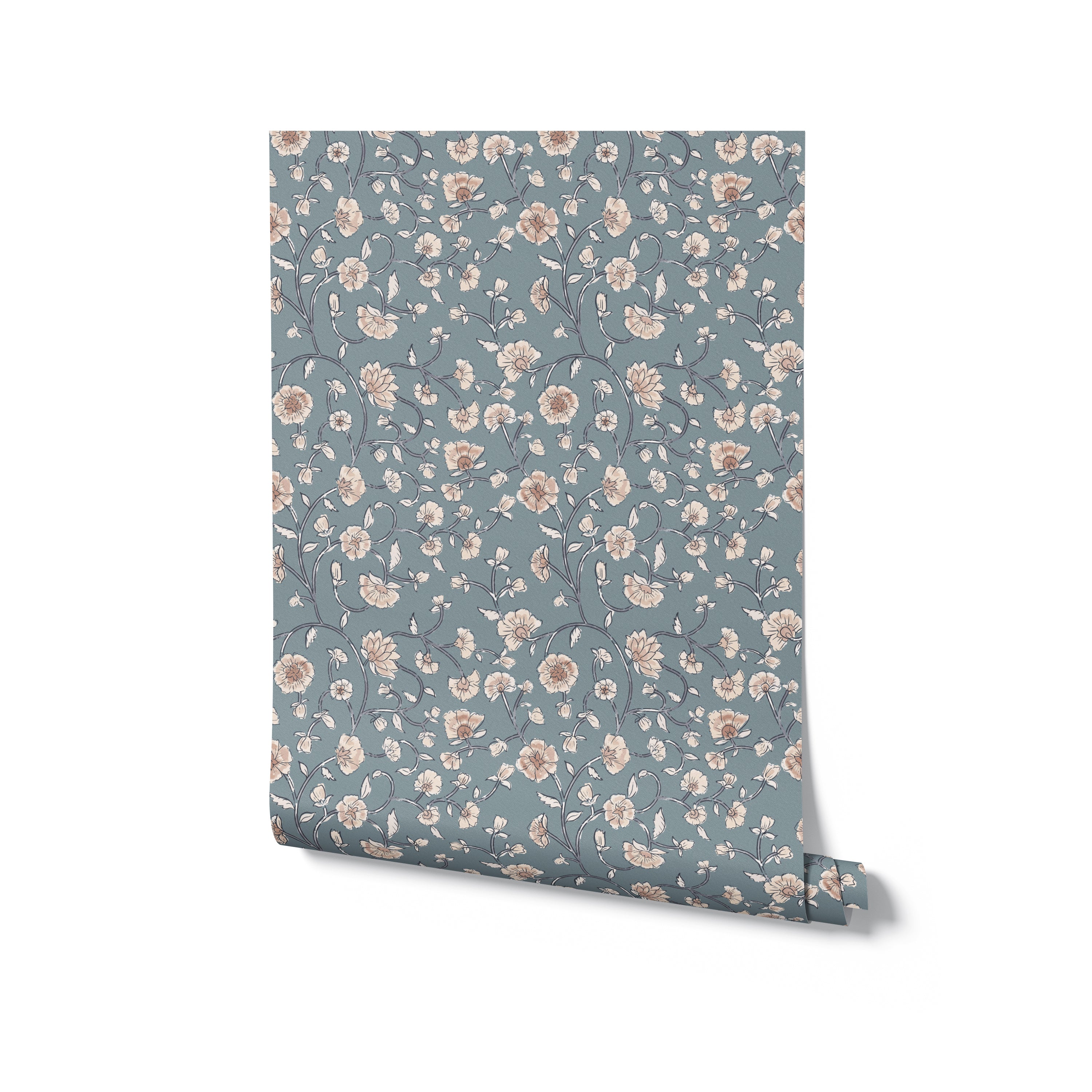A roll of Eternal Spring Wallpaper displaying a detailed pattern of beige flowers connected by blue vines on a soft teal background. The design evokes a sense of renewal and calm, perfect for adding a touch of springtime elegance to any room