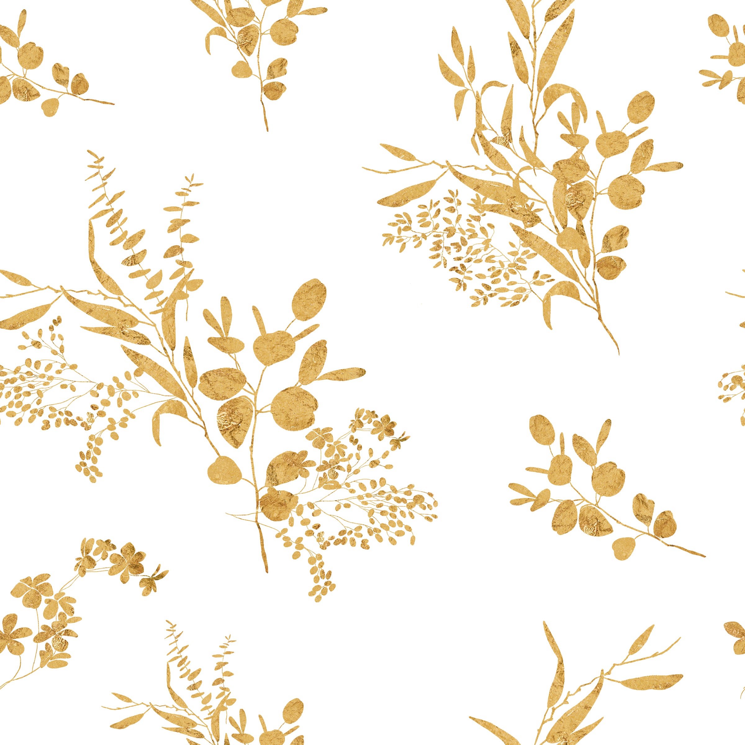Seamless Golden Greenery Wallpaper pattern featuring detailed botanical illustrations in gold over a neutral background, perfect for creating a sophisticated and harmonious interior aesthetic.