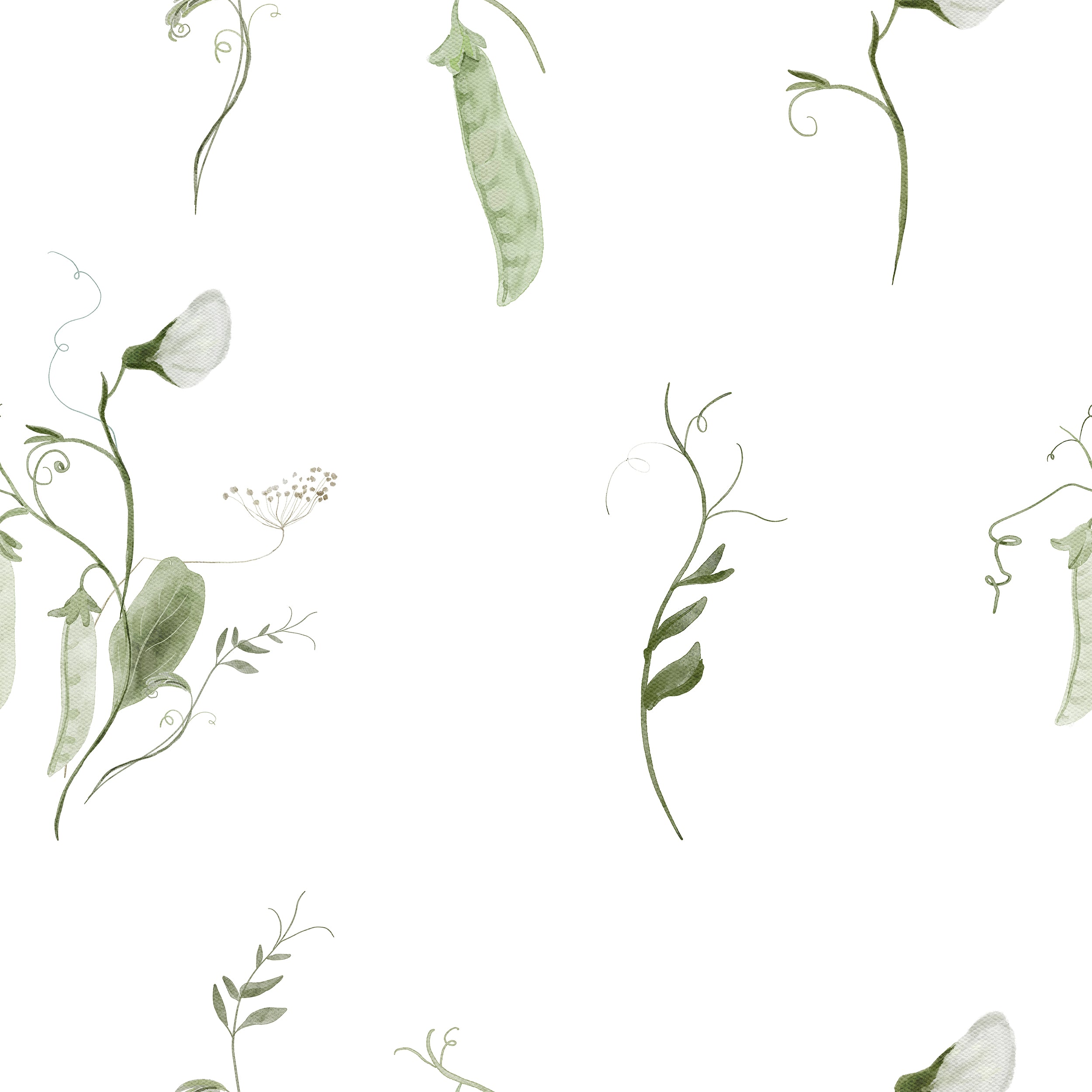 Close-up of the snow pea wallpaper design showing detailed illustrations of snow peas in various stages of growth, intertwined with subtle floral elements, all in gentle green and white tones.