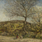 Artistic rendering of a pastoral scene with a large tree dominating the landscape. The painting, filled with rich textures and colors, portrays a tree in full bloom beside which two figures sit in a meadow, suggesting a serene rural life.