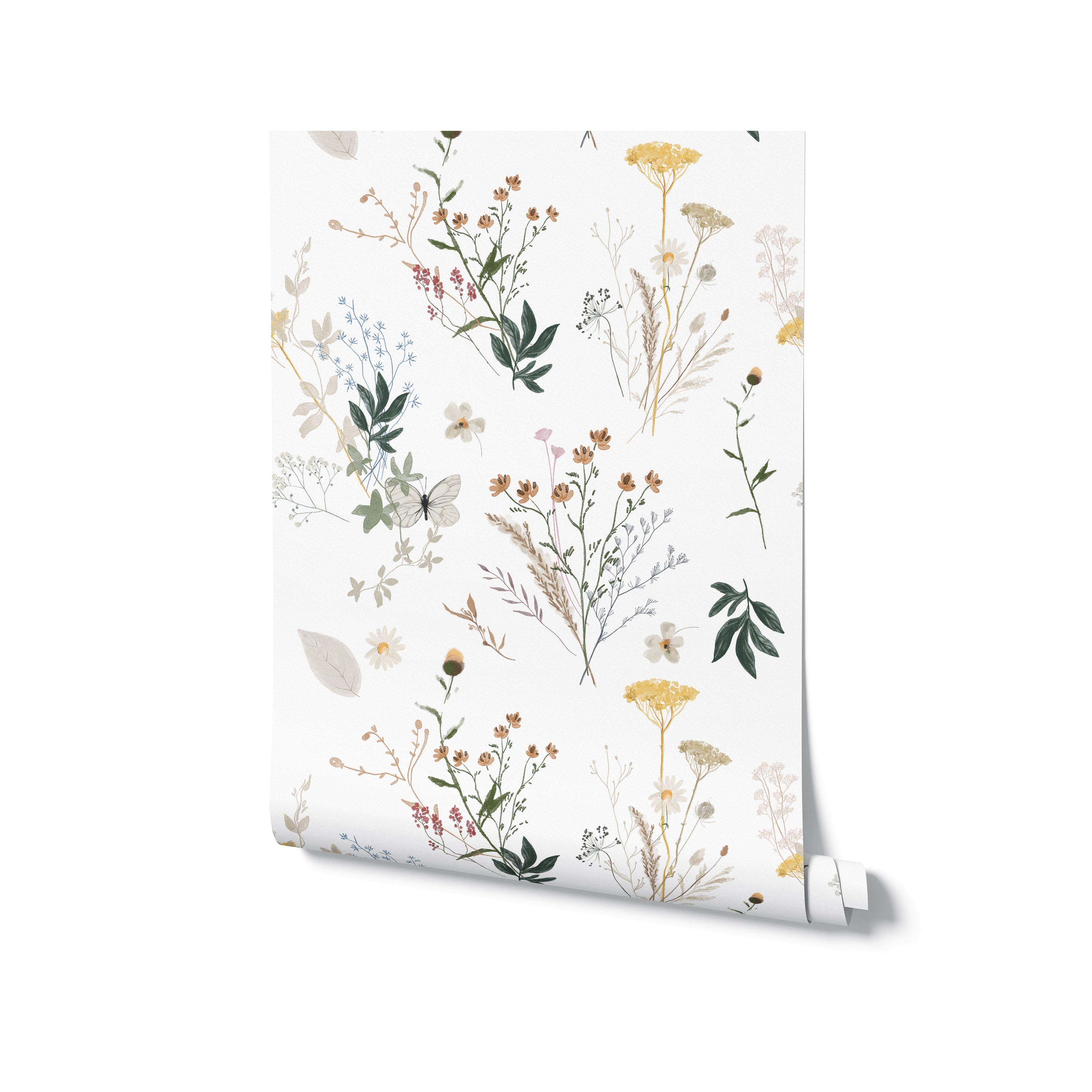 A roll of floral wallpaper with a white background, displaying an elegant print of wildflowers, leaves, and seed pods in soft hues of yellow, pink, green, and blue, suggesting a gentle and naturalistic decor style.