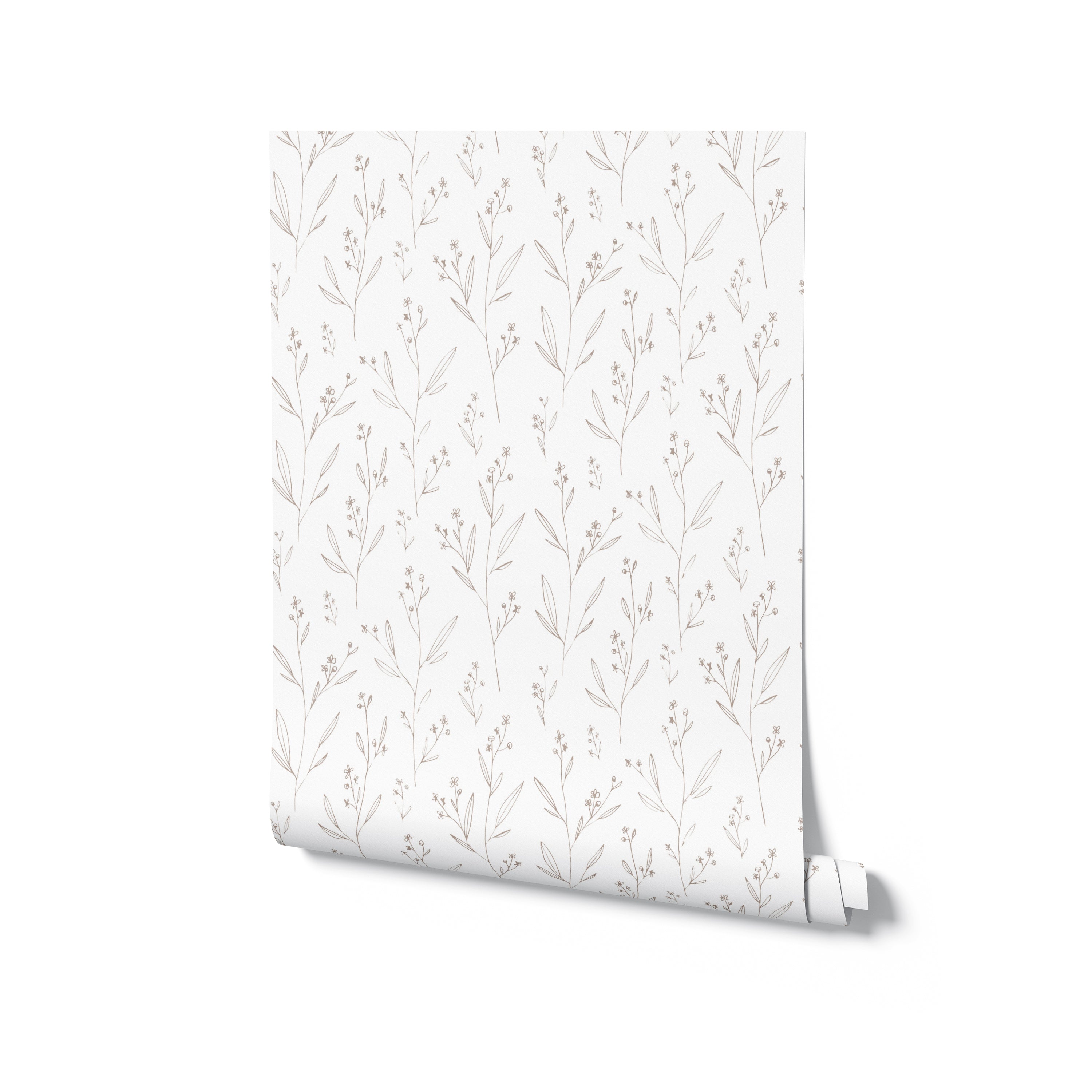 Roll of Dainty Minimal Floral Beige Wallpaper displaying a repeating pattern of delicate linear flowers and leaves, exemplifying a simple yet sophisticated design ideal for modern and minimalist decor styles.