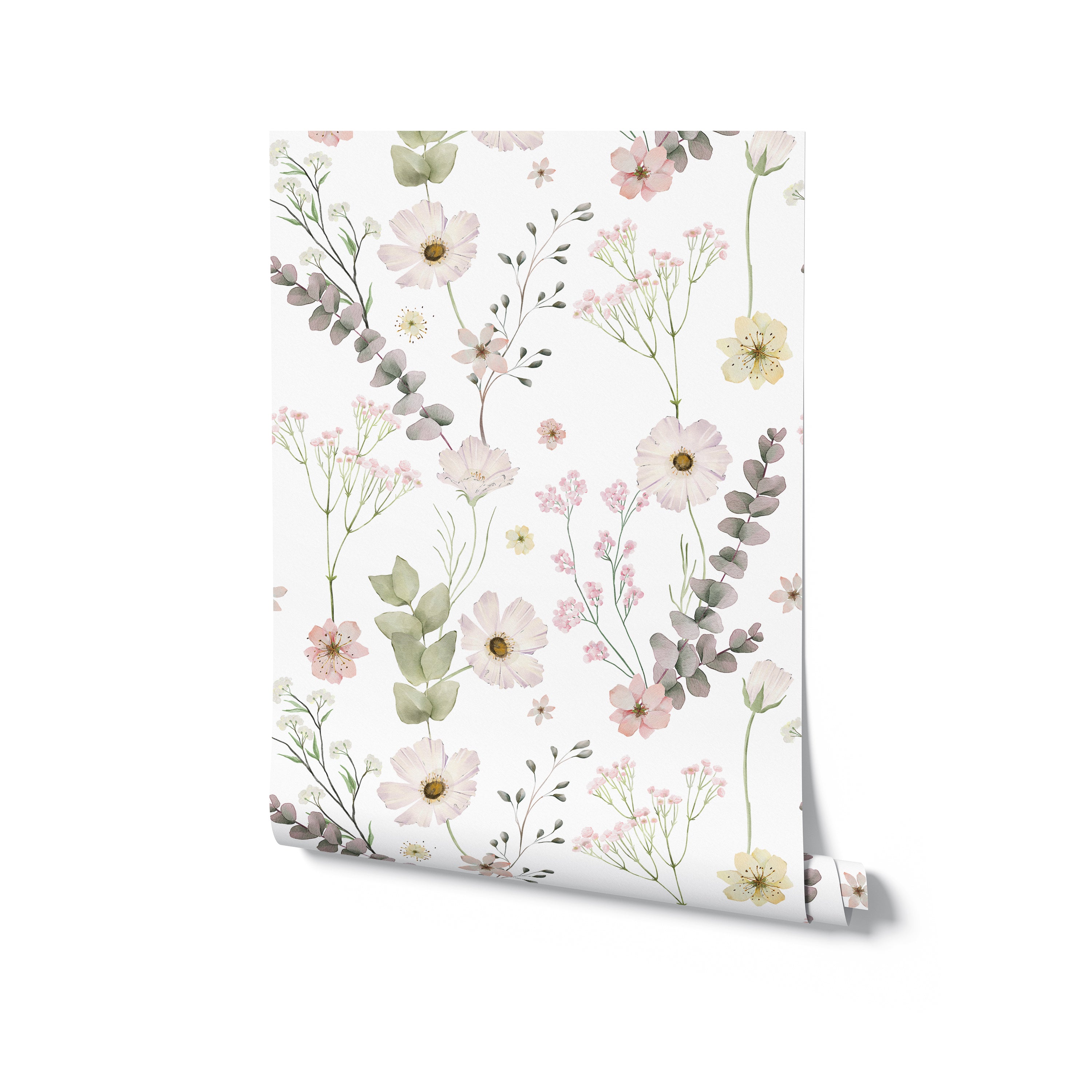 An angled view of the Botanical Muse Wallpaper roll against a white background. The visible section of the wallpaper displays the charming pattern of pastel flowers and foliage, evoking a tranquil and fresh atmosphere.