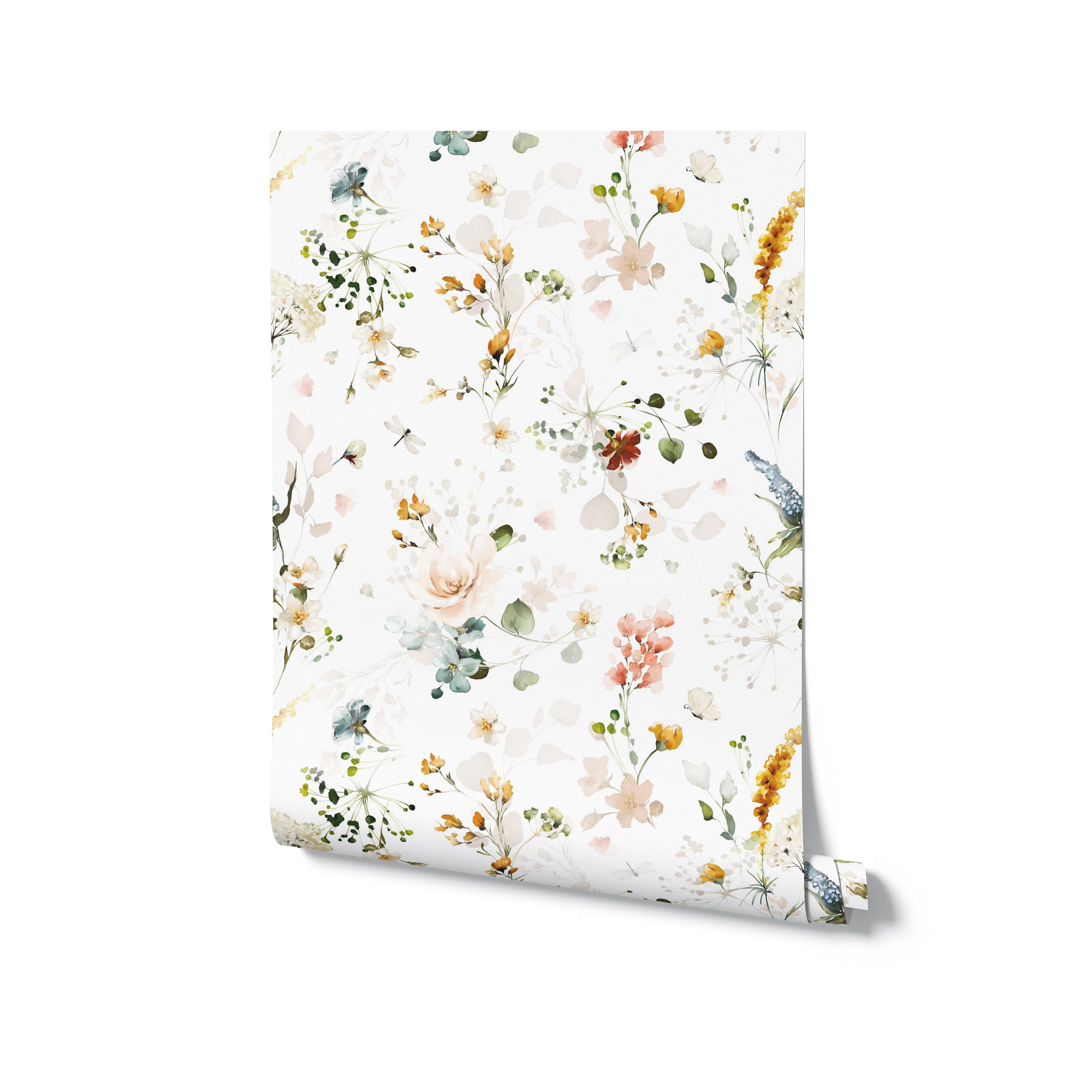 A sample of the Fiori Wallpaper rolled out, revealing the intricate watercolor flowers and foliage set against a clean white background, perfect for transforming any room into a blooming garden sanctuary