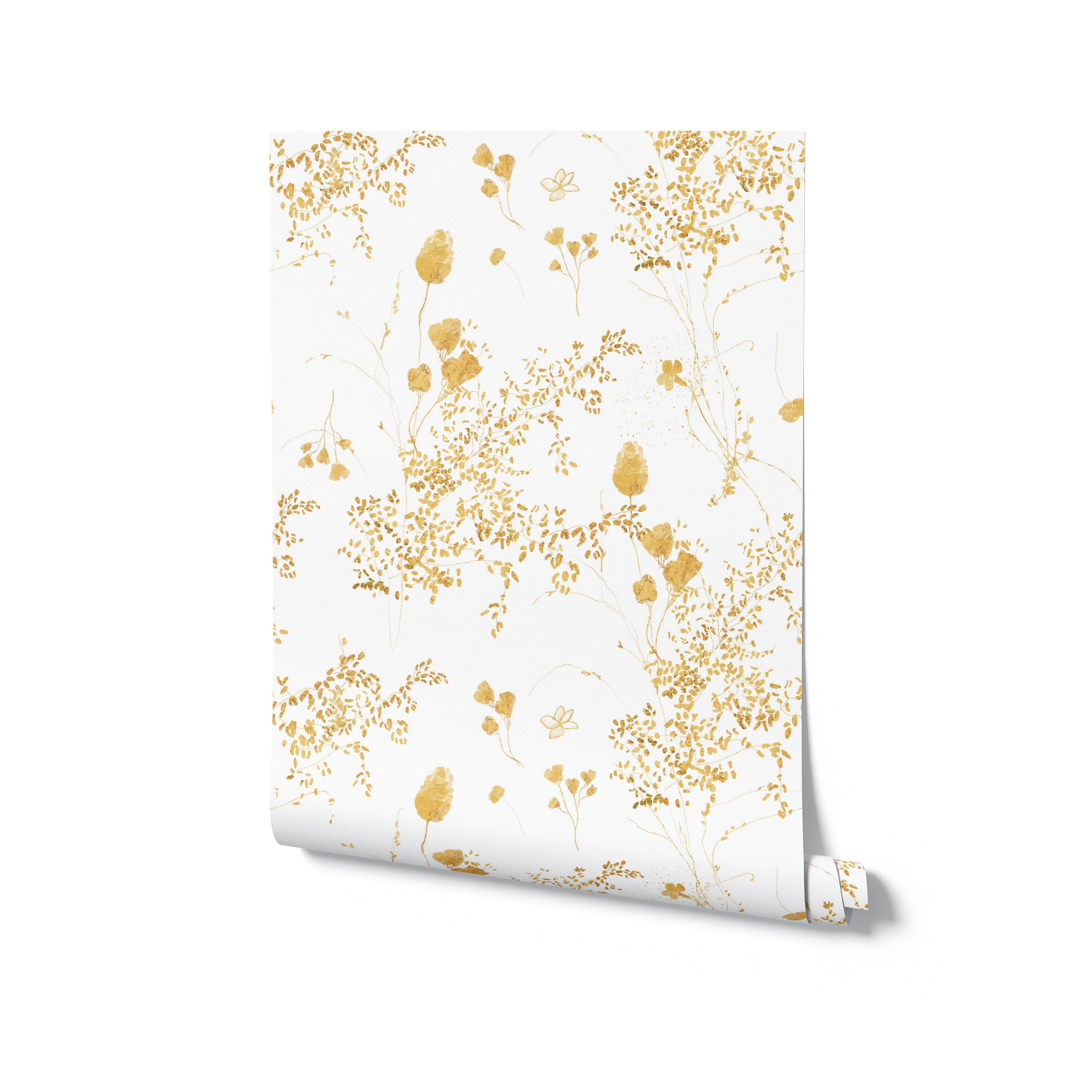 A rolled wallpaper sample displaying the Gold Floral Bunches pattern, with golden botanical illustrations offering a luxurious feel to interior decor.