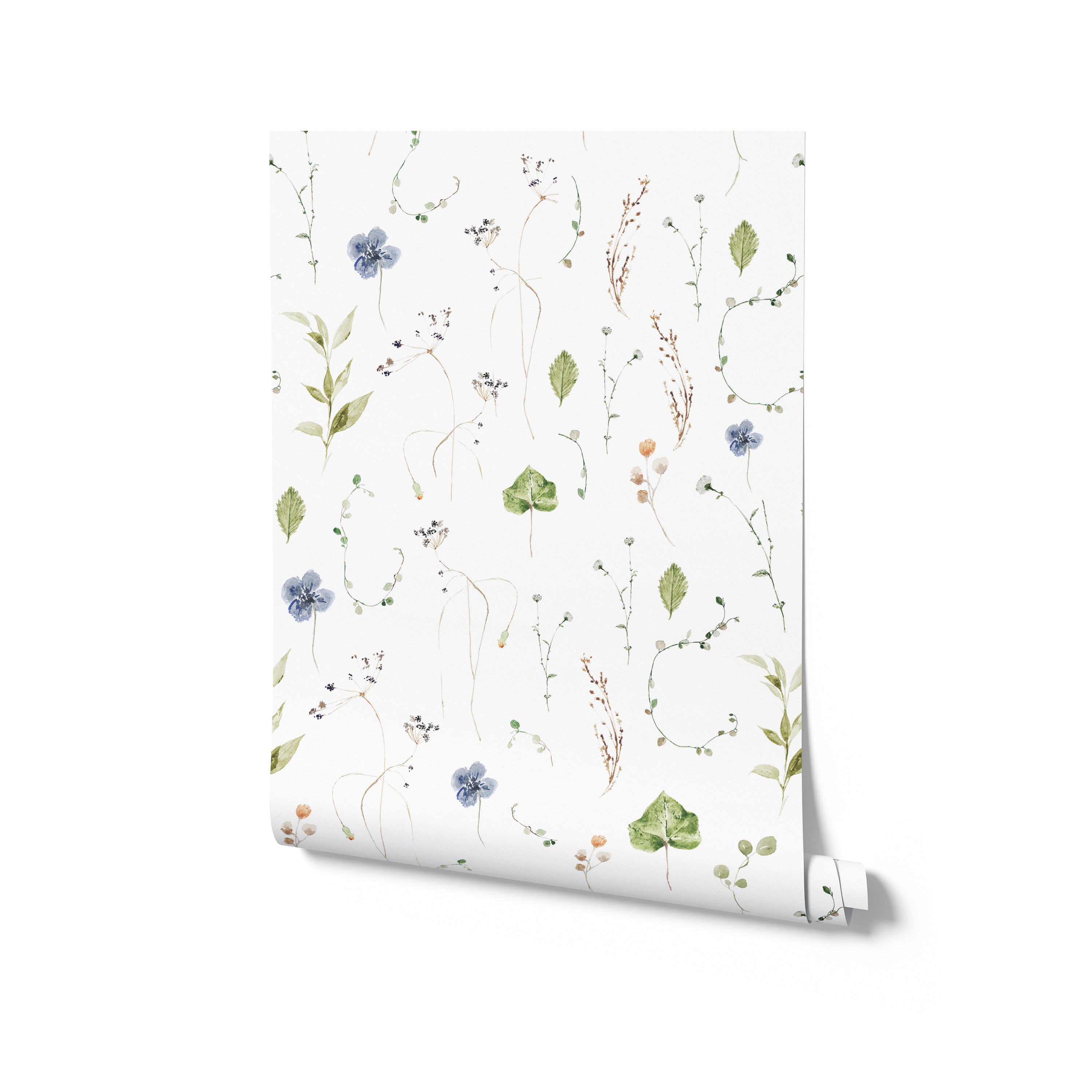 A roll of 'Ikebana Floral Wallpaper' illustrating its intricate botanical design with blue blossoms and green foliage that exudes a tranquil, organic beauty against a white backdrop.