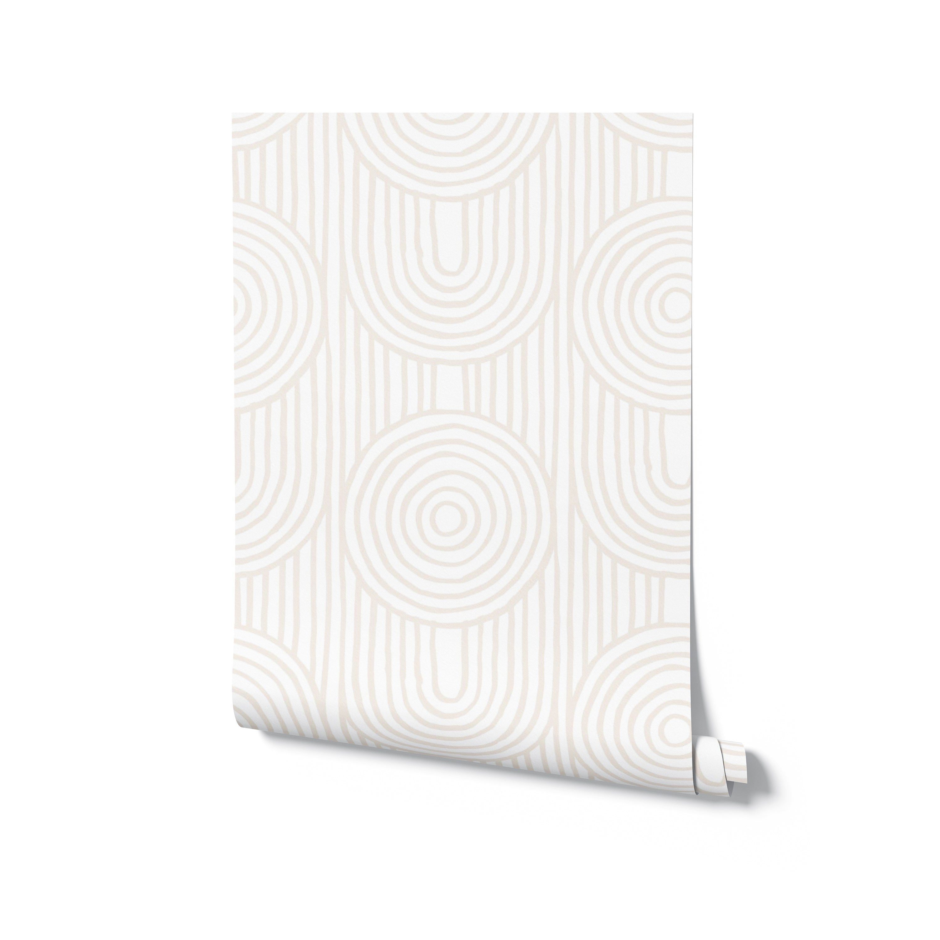 A roll of Zen Abstract Wallpaper, elegantly unrolled at one corner to reveal its calming pattern of beige concentric circles on a white background, representing a sophisticated choice for adding a peaceful ambiance to any room