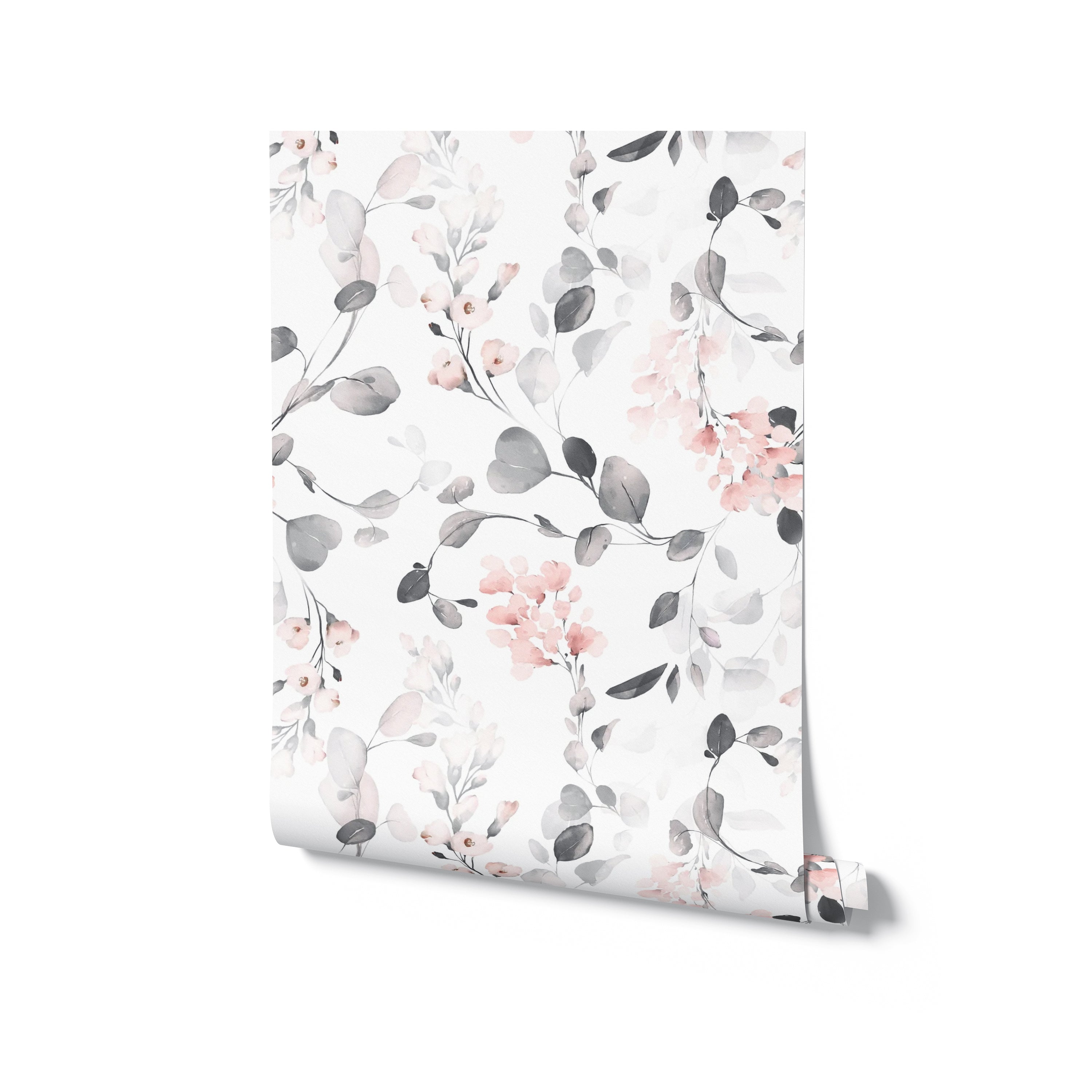 A roll of floral wallpaper with a pattern of light pink flowers and gray leaves on a white background, suggesting a fresh and modern take on traditional floral designs, ideal for adding a touch of elegance to a room.