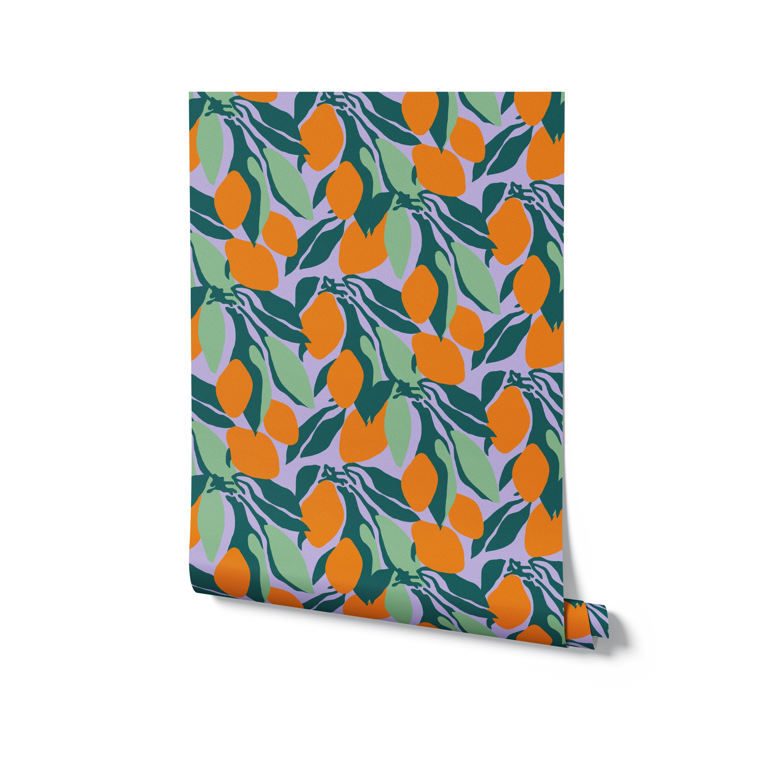 A roll of wallpaper depicting a colorful pattern of orange fruits and green leaves on a purple background. The design is bright and playful, suitable for adding a lively touch to any room decor