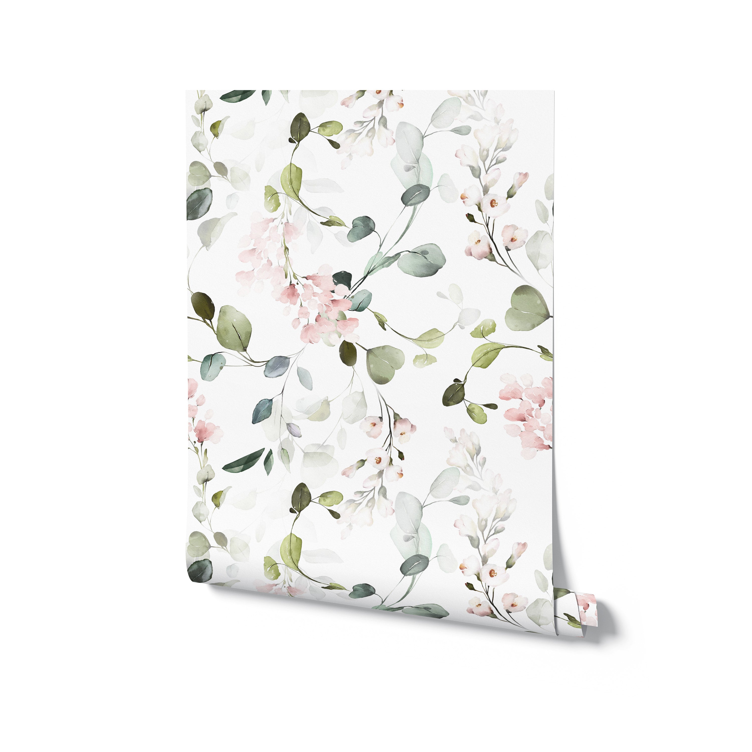A close-up view of the Pink Floral & Herbs Wallpaper roll, displaying the soft watercolor blooms and greenery on a white background. The wallpaper captures the essence of a tranquil garden, ideal for infusing spaces with floral charm and a sense of peace.
