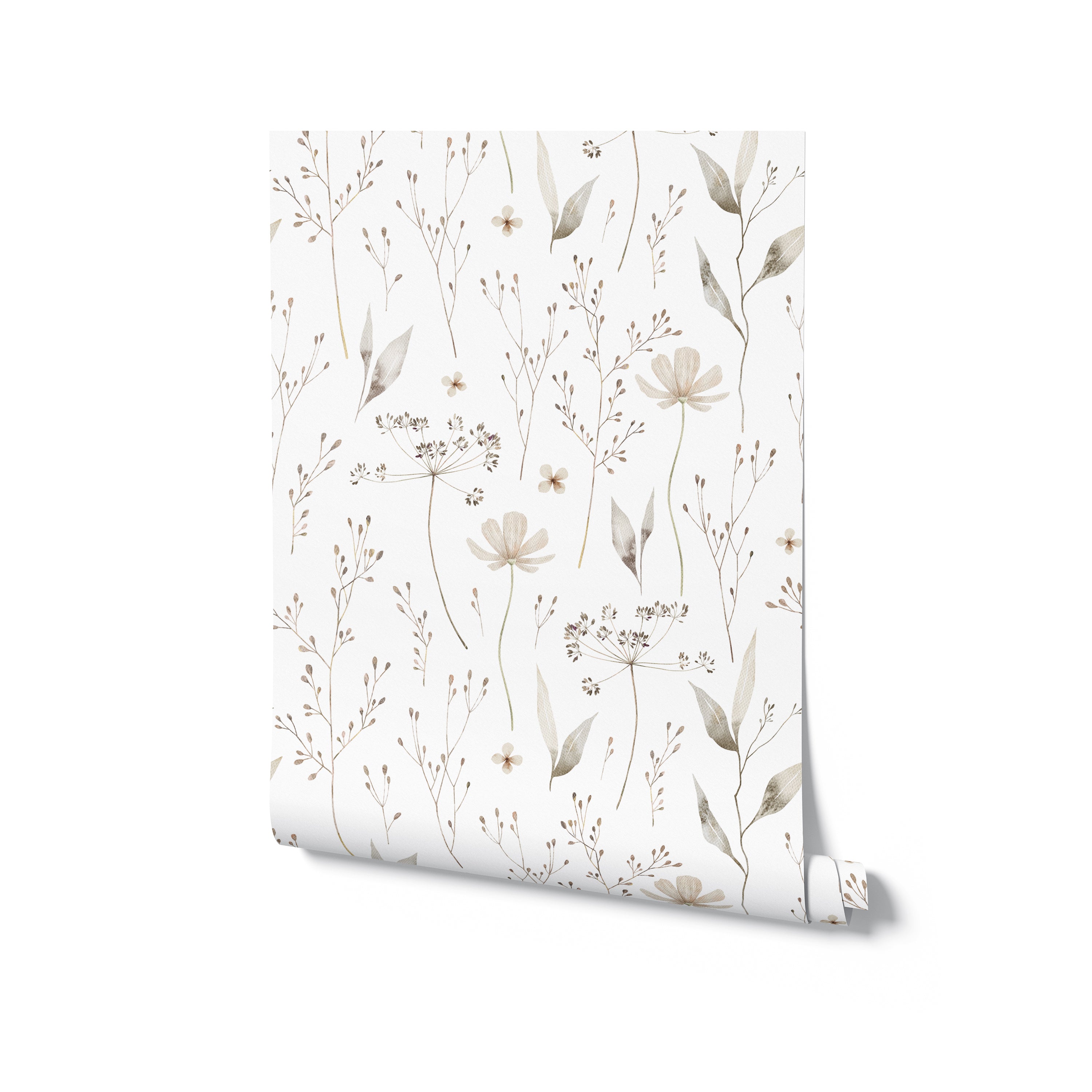 A detailed close-up of the rolled Tranquil Bloom Wallpaper showcasing the soft color palette and gentle floral motifs, perfect for creating a serene and inviting atmosphere in any interior space.