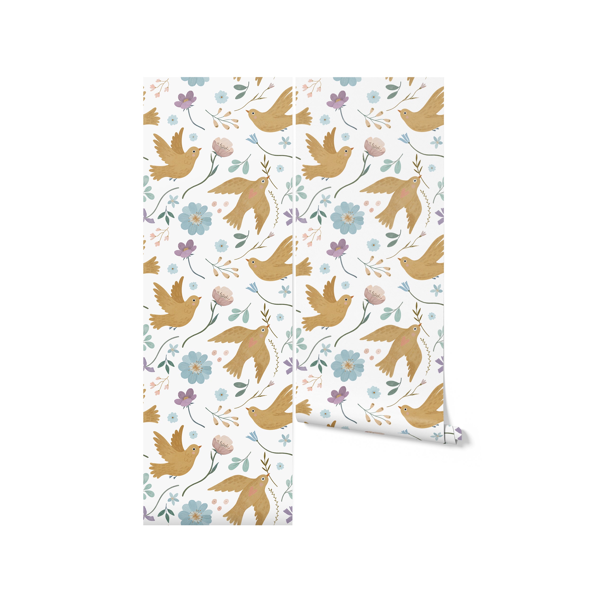 A roll of Pastel Bird Wallpaper displaying a whimsical pattern of golden birds and pastel-colored flowers, perfect for bringing a touch of nature and lightness to any room
