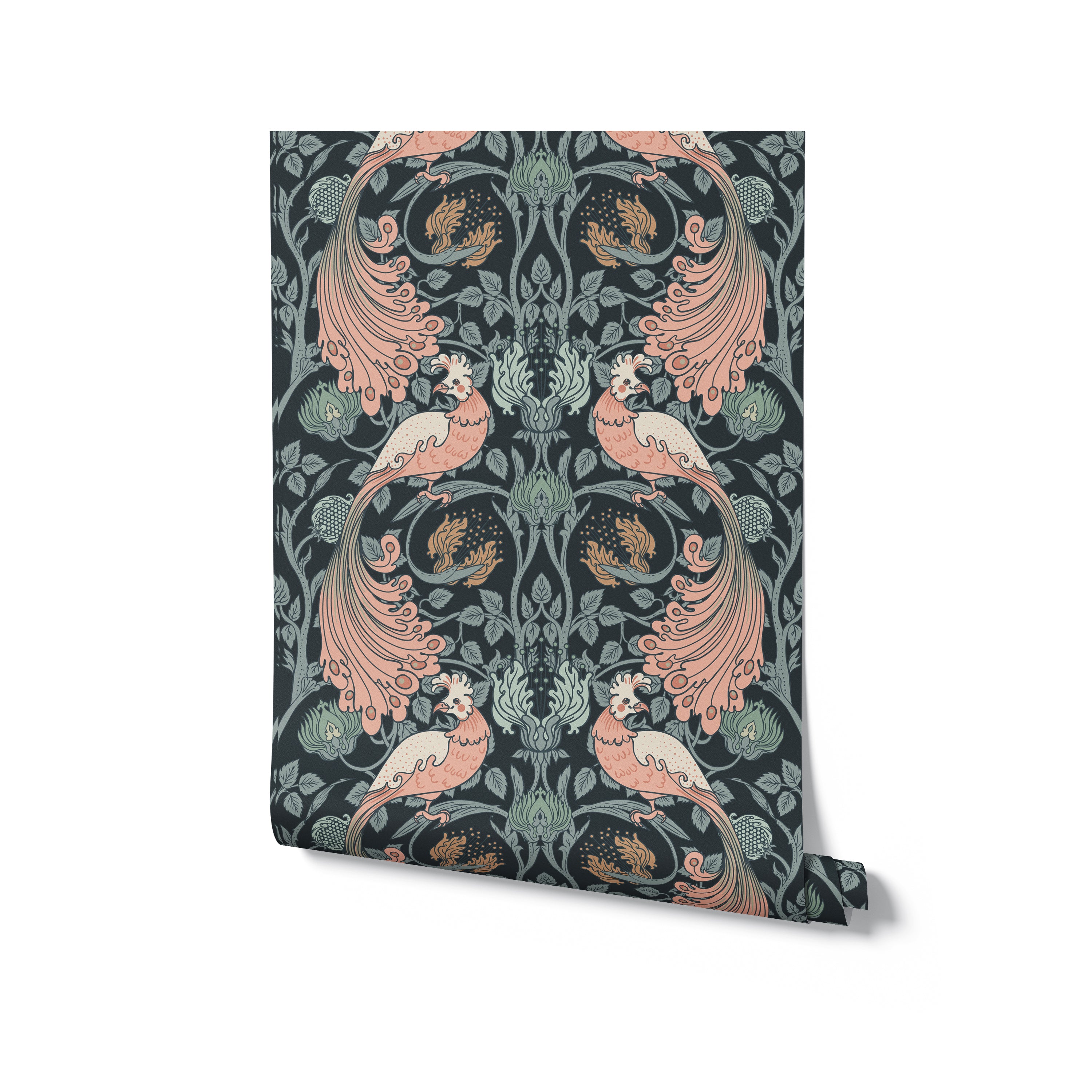 Mockup of the Peacock Damask Wallpaper roll, displaying the full ornate design featuring stylized peacocks and intricate floral motifs in a sophisticated color palette of dark green, pink, and beige