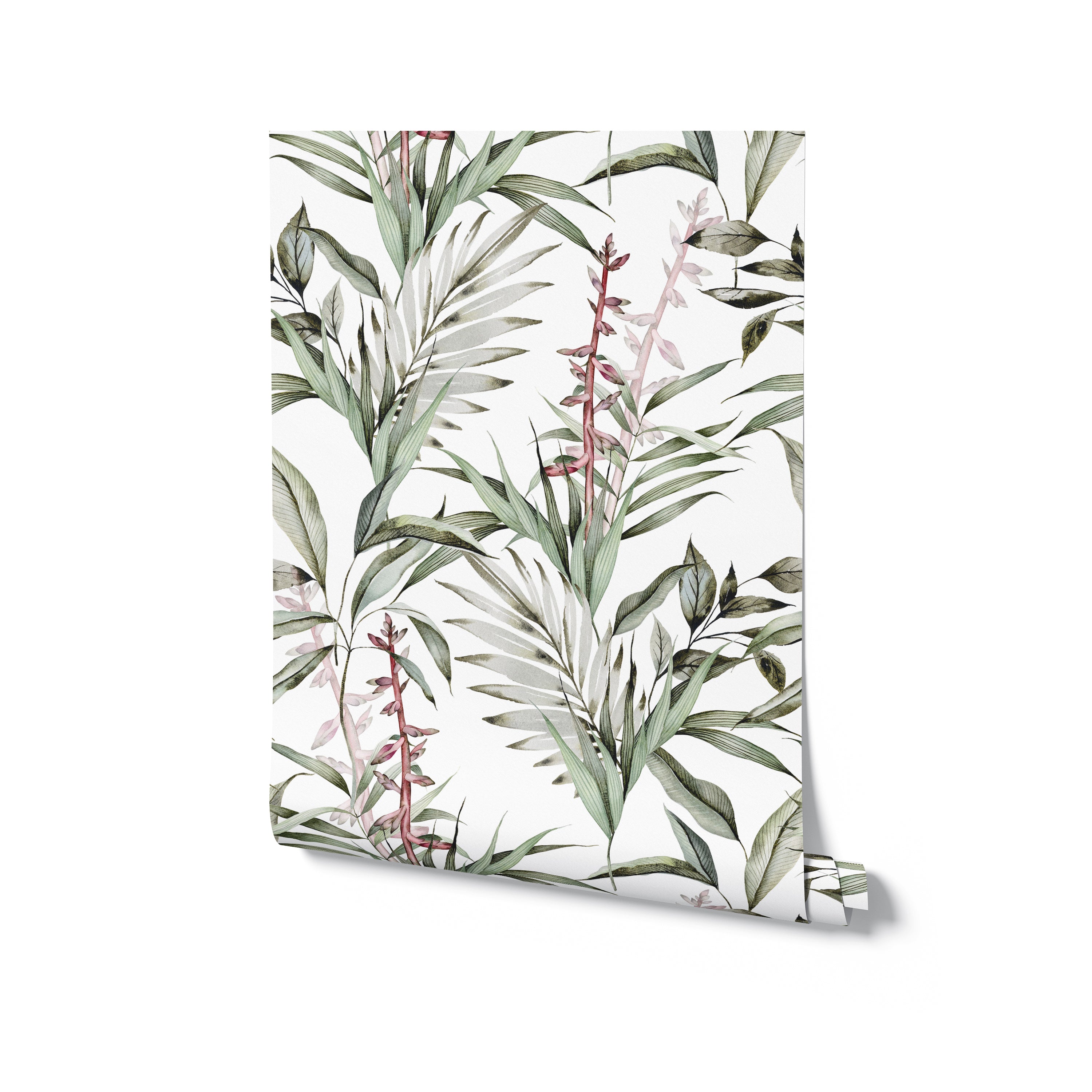 A roll of tropical branches wallpaper unrolled to display the full pattern. The design features an intricate pattern of green leaves and pinkish-red flowers on a light background. The detailed and natural look makes it ideal for adding a touch of nature and elegance to any room.
