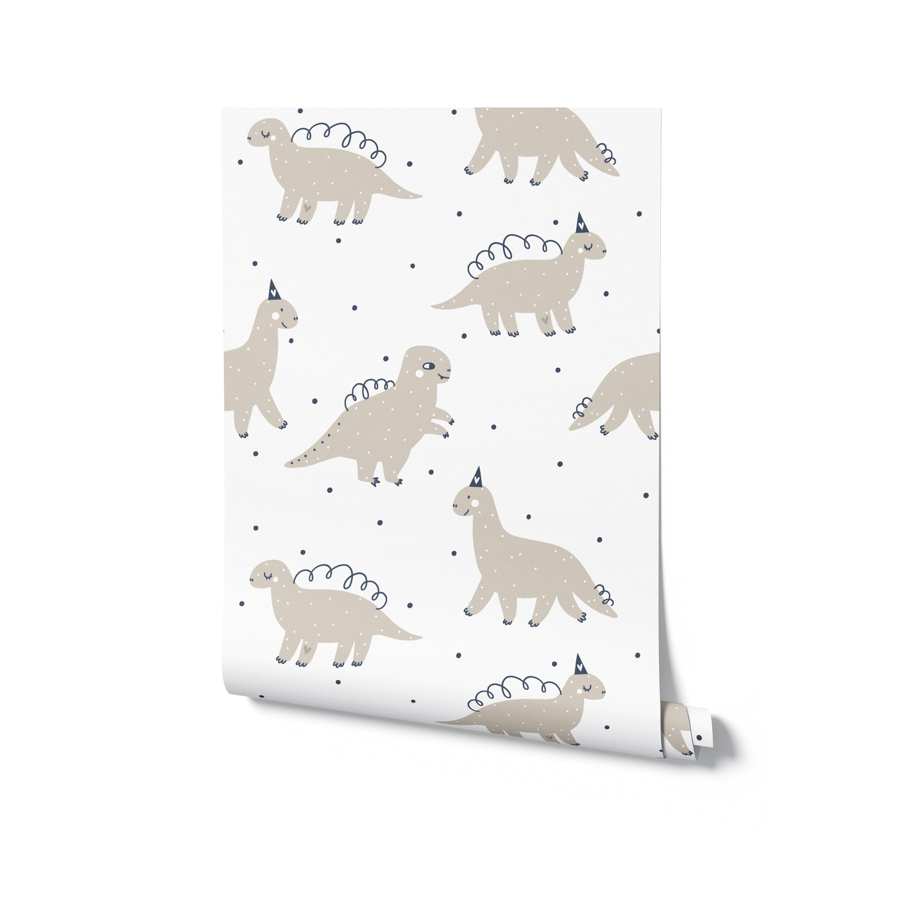 Rolled sample of Dino Party Wallpaper, displaying a repeat pattern of beige dinosaurs with party hats and playful poses on a white background with black dot accents, perfect for adding a charming and imaginative touch to children’s spaces