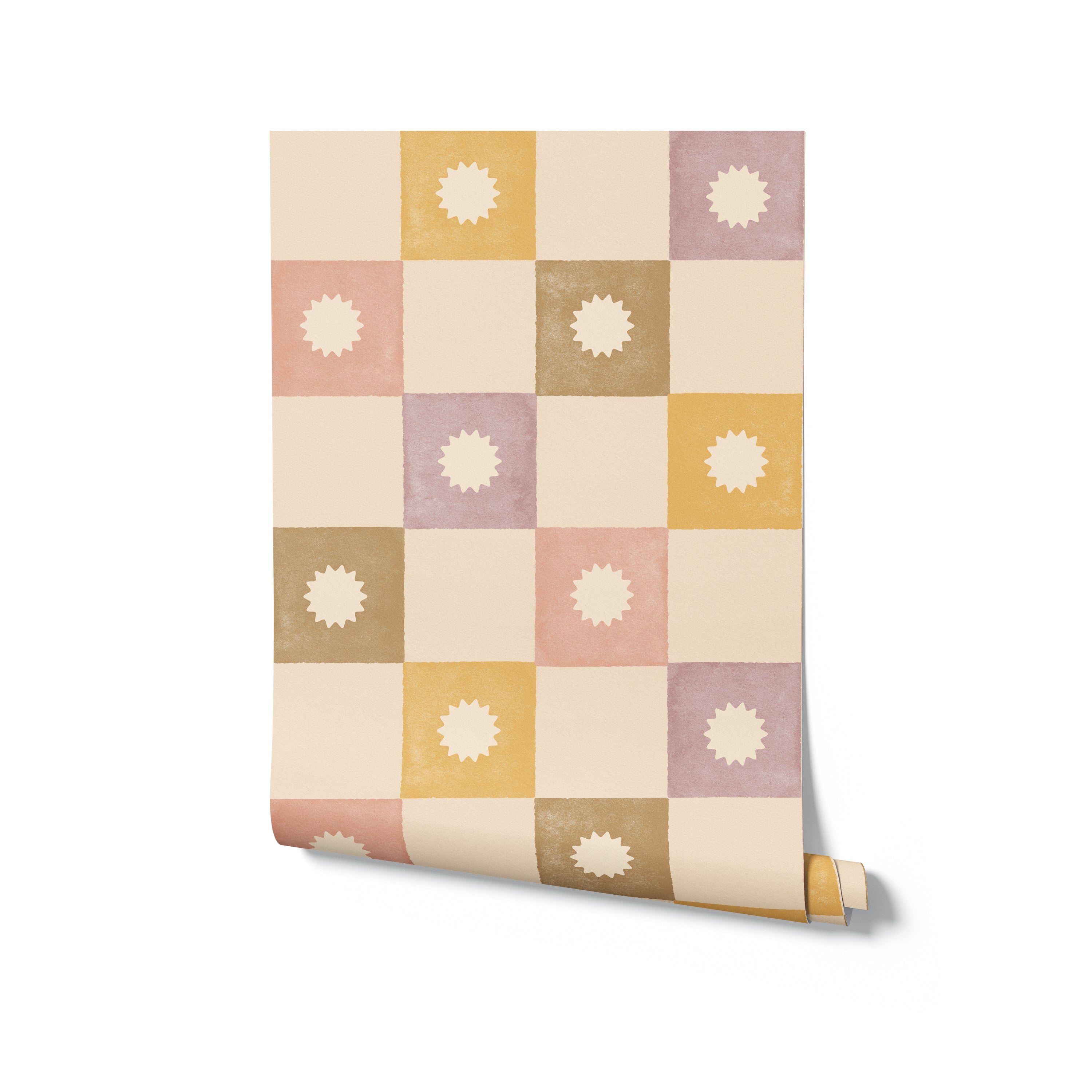 Rolled sample of Céline Wallpaper displaying a pastel checkered pattern with delicate sunburst motifs in muted tones of cream, pink, mustard, and taupe, ideal for adding a touch of sophisticated charm to any room.