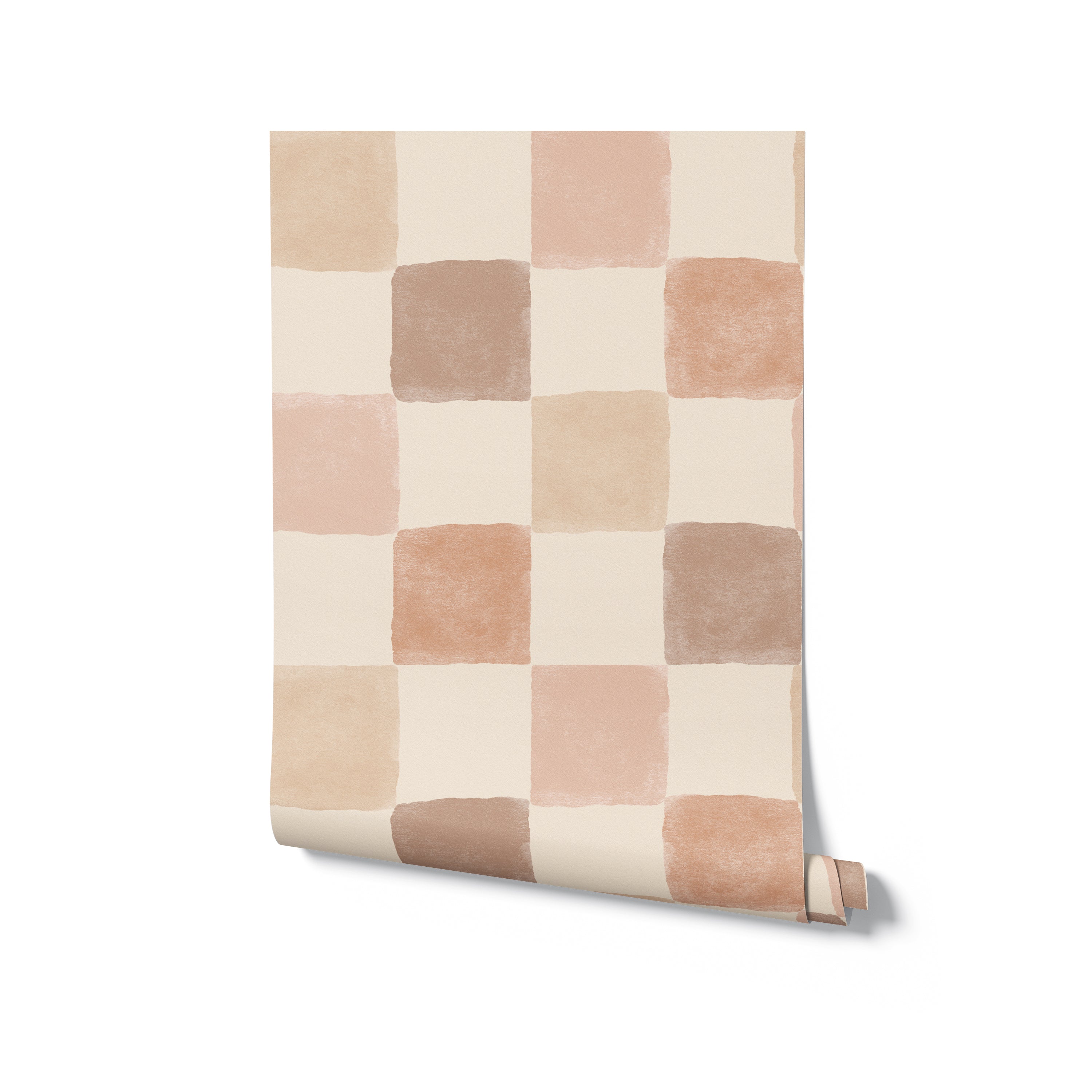 Rolled sample of Clémence Wallpaper displaying a gentle grid pattern in muted tones of peach, taupe, and beige, ideal for adding a touch of serene elegance to any living space.