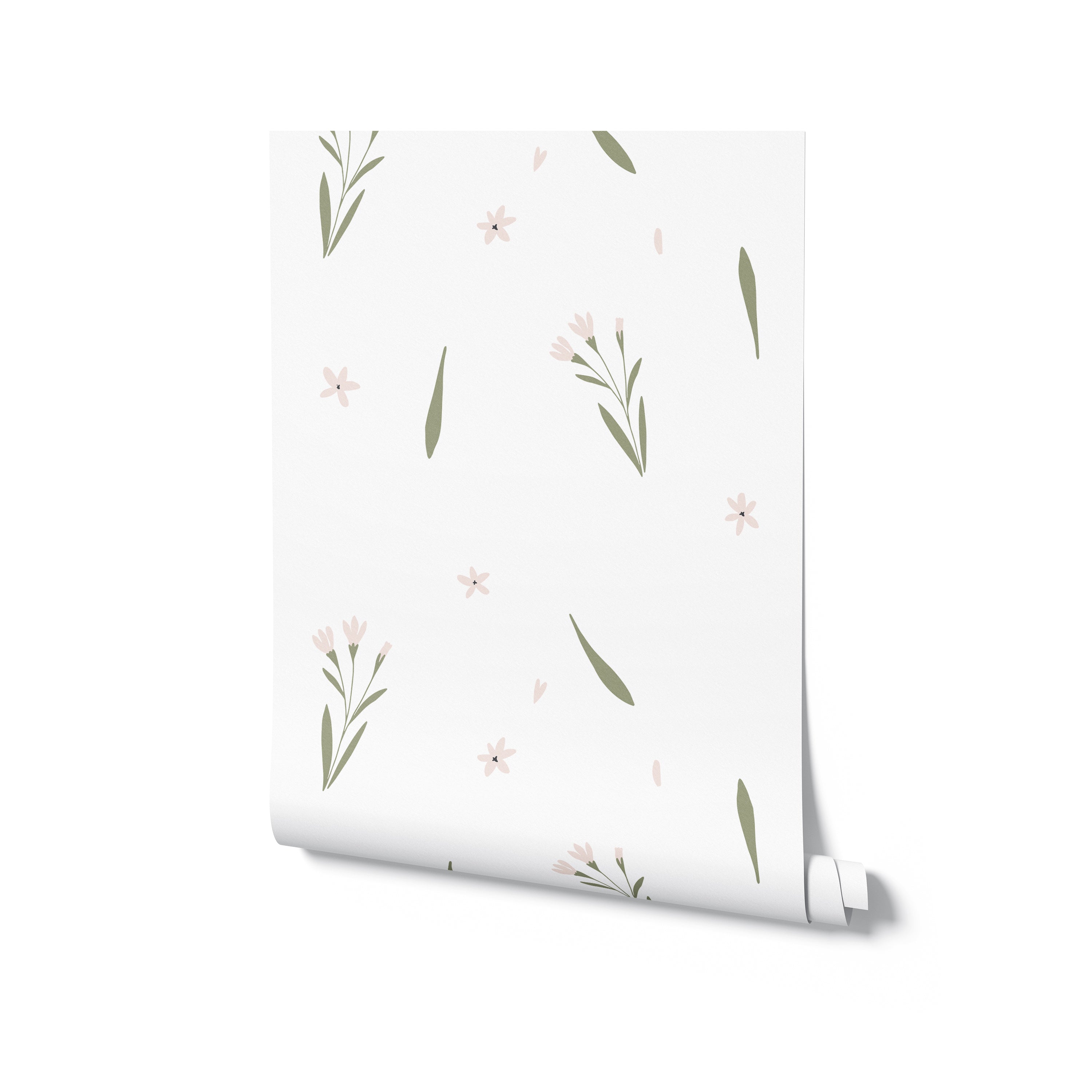 Rolled sample of Summer Market Wallpaper featuring a charming array of small pink flowers and green leaves on a white background, perfect for adding a touch of springtime freshness to any interior.