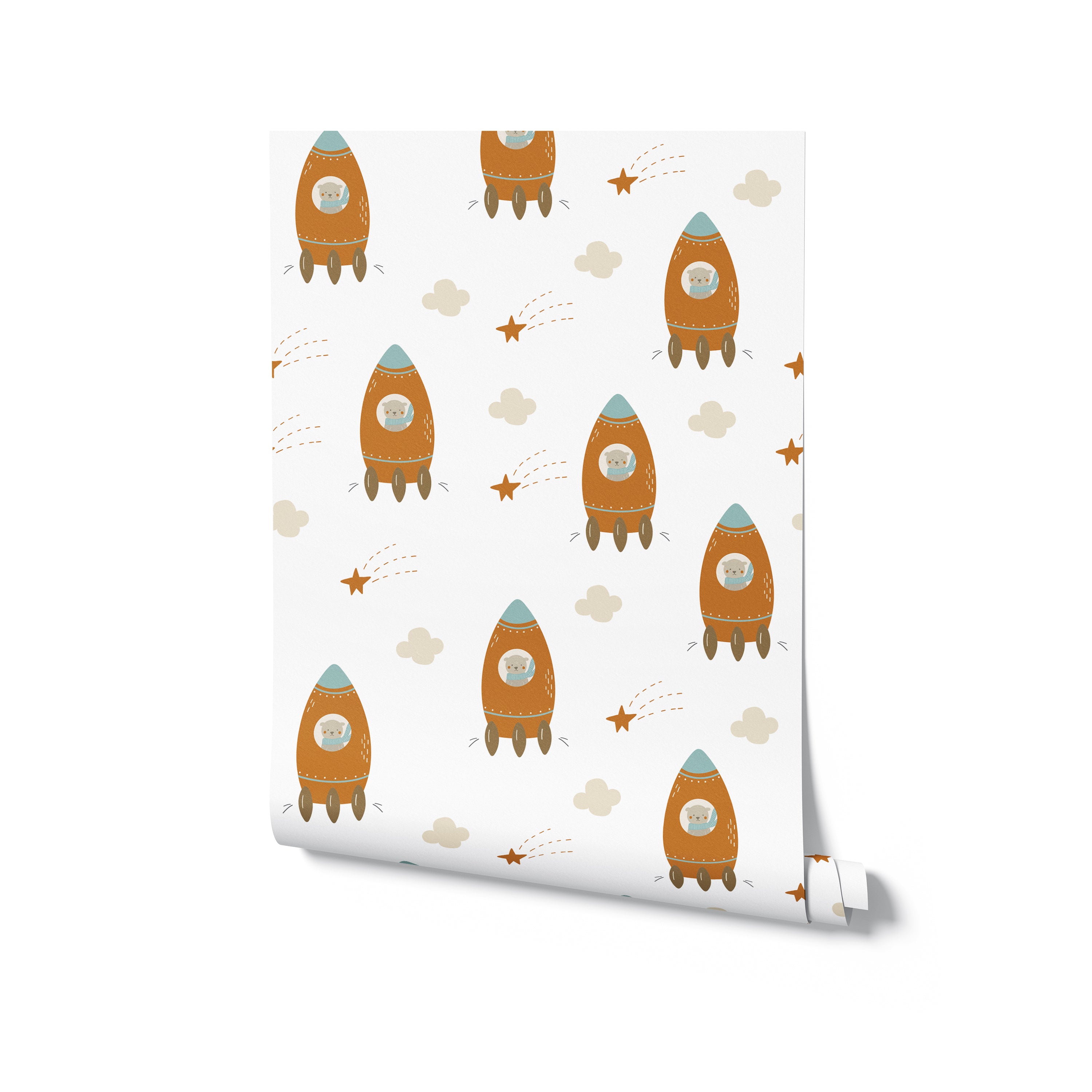 A roll of Rocket Time Wallpaper displaying a repeating pattern of orange rockets carrying teddy bear astronauts, surrounded by clouds and stars on a white background, ideal for decorating children's rooms.