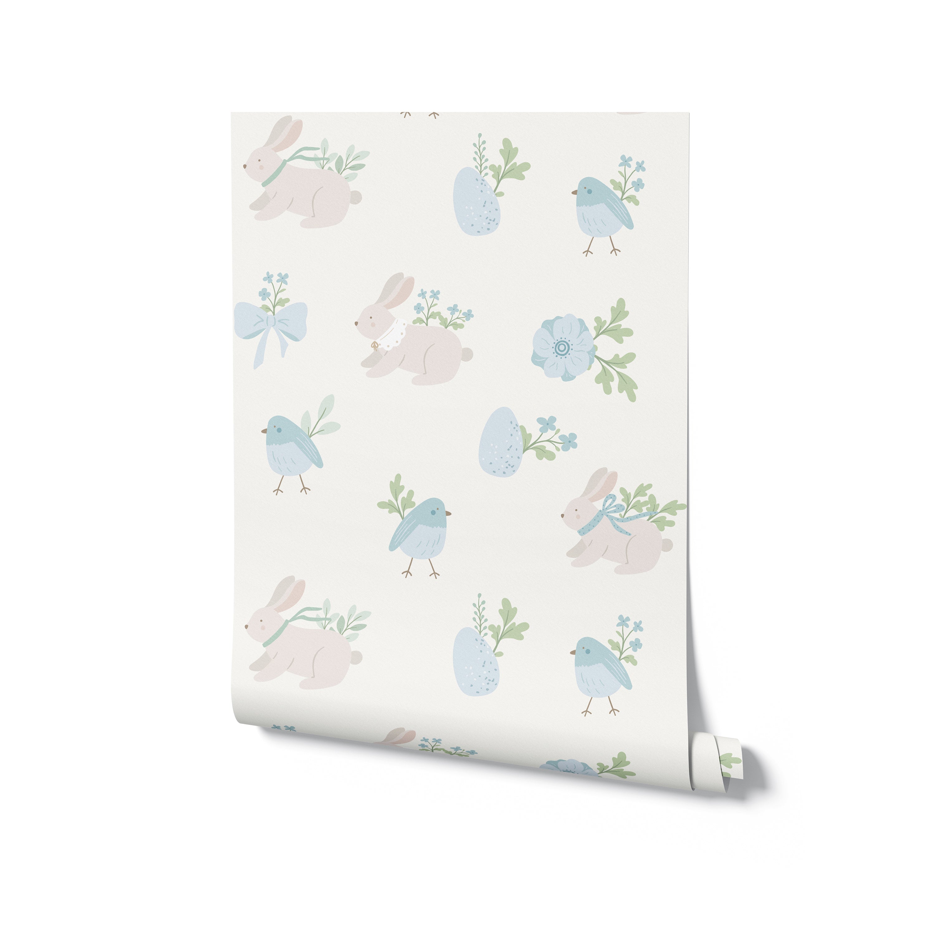 A roll of Bunny and Bird Wallpaper displaying a charming pattern of light-colored bunnies, blue birds, and floral elements on a white background, perfect for adding a whimsical and serene touch to nursery or playroom interiors