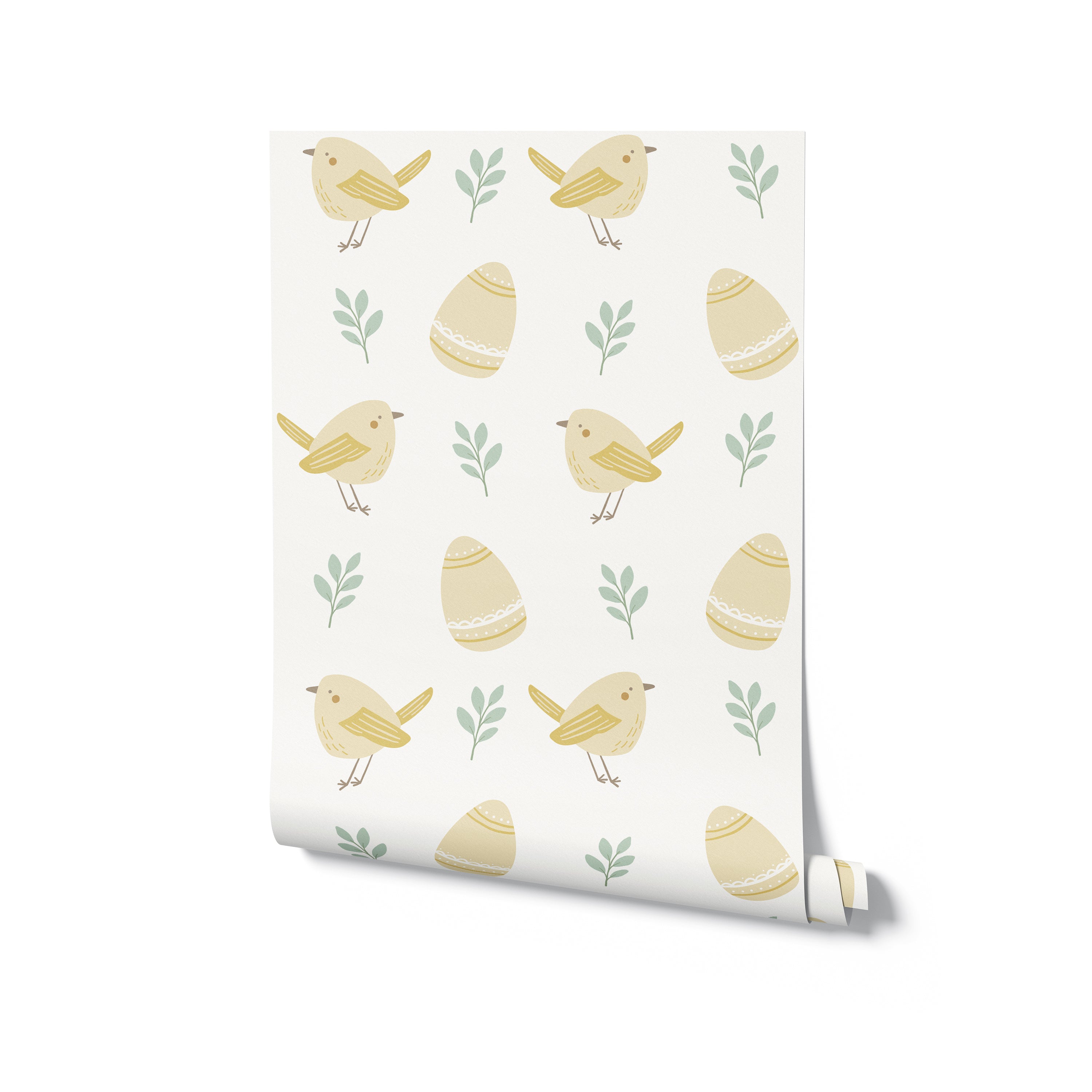 Rolled-up 'Nursery Baby Chick Wallpaper' showcasing a repeating design of yellow chicks, Easter eggs, and small green plants on a white background