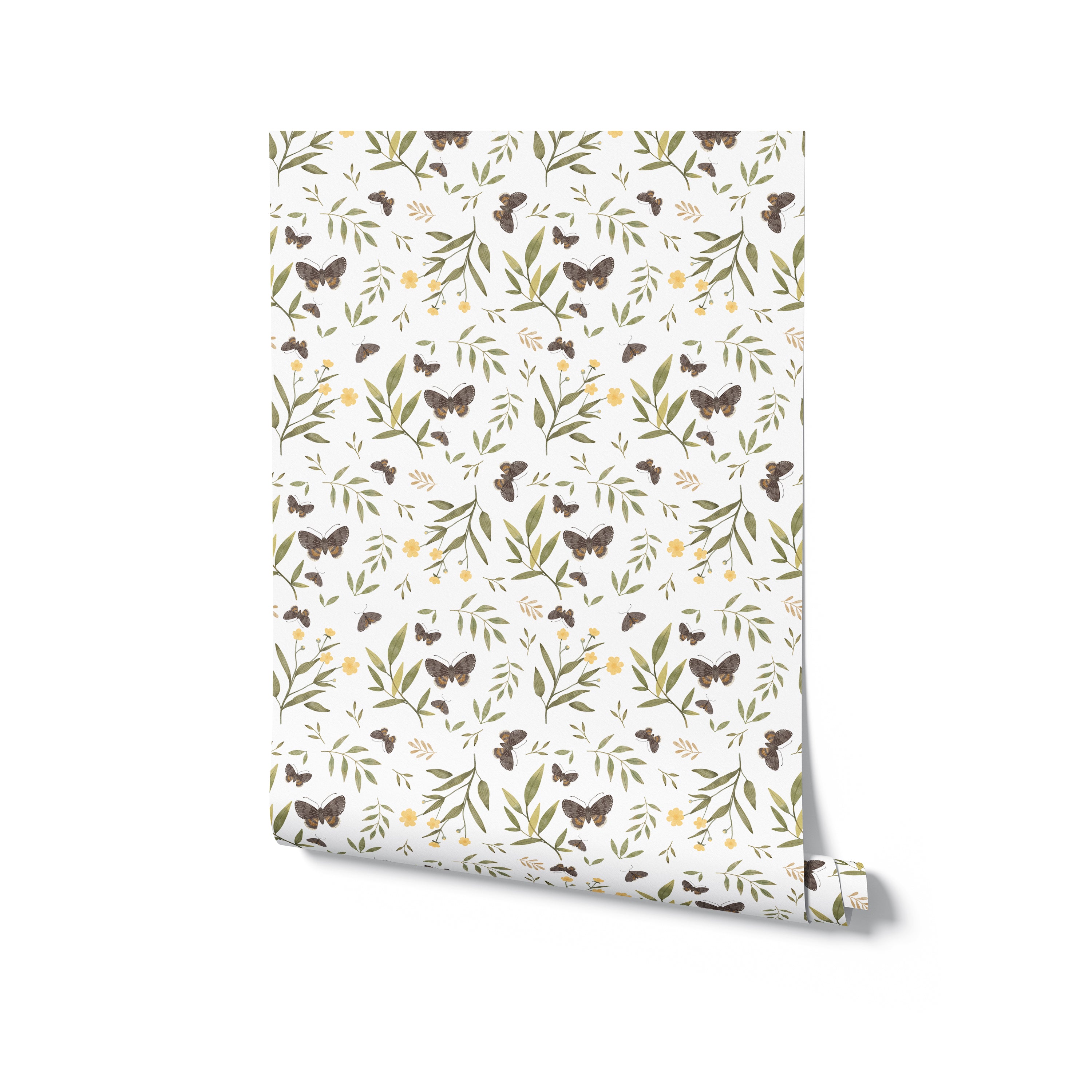 A roll of Butterfly Floral Wallpaper, showcasing a lively design with brown butterflies, yellow blooms, and lush greenery spread evenly on a white base, perfect for adding a nature-inspired look to any room.