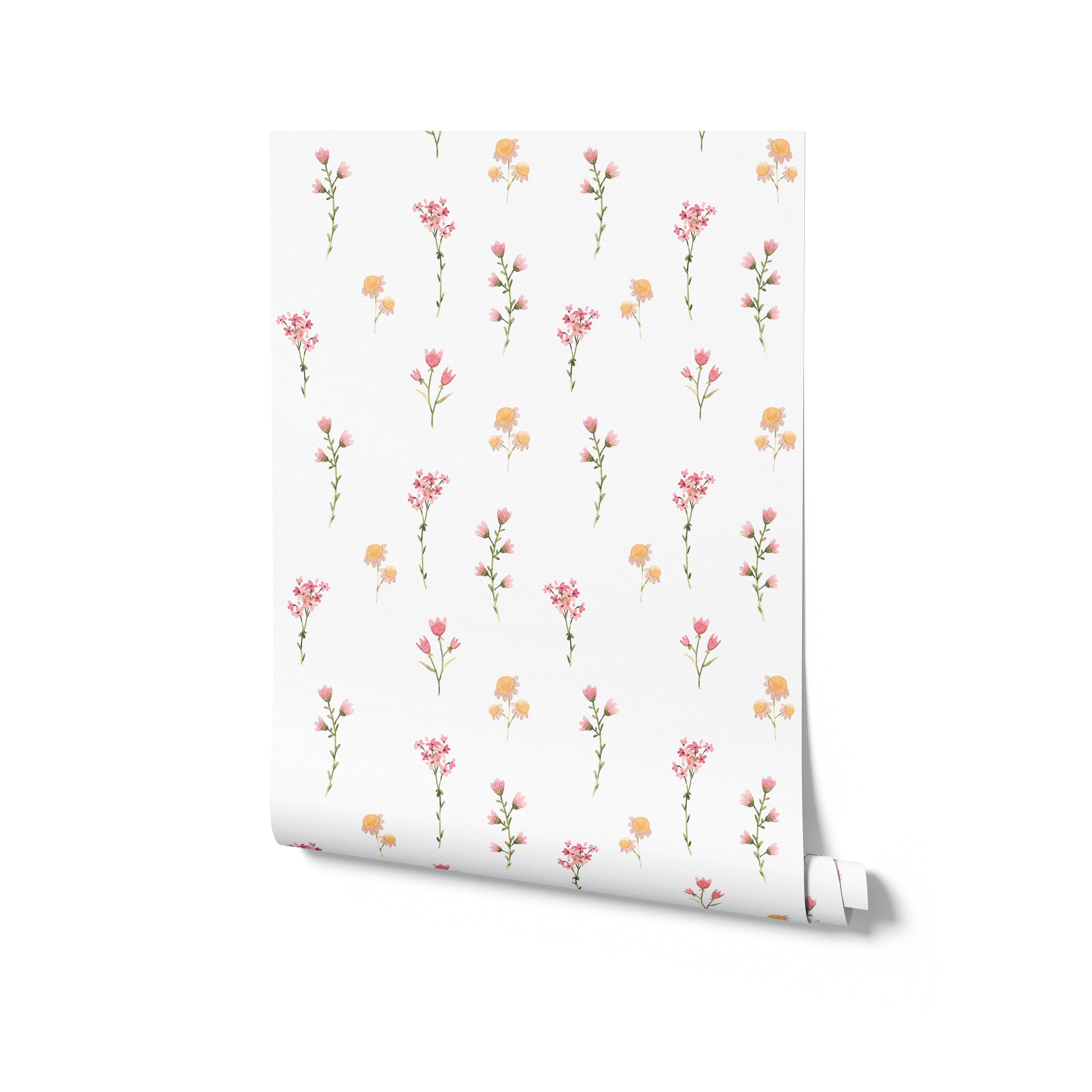 A roll of Gentle Floral Wallpaper, showcasing a soft and romantic floral design in pastel pink and yellow with green stems. This wallpaper is ideal for adding a bright and airy feel to any room, particularly bedrooms and living areas