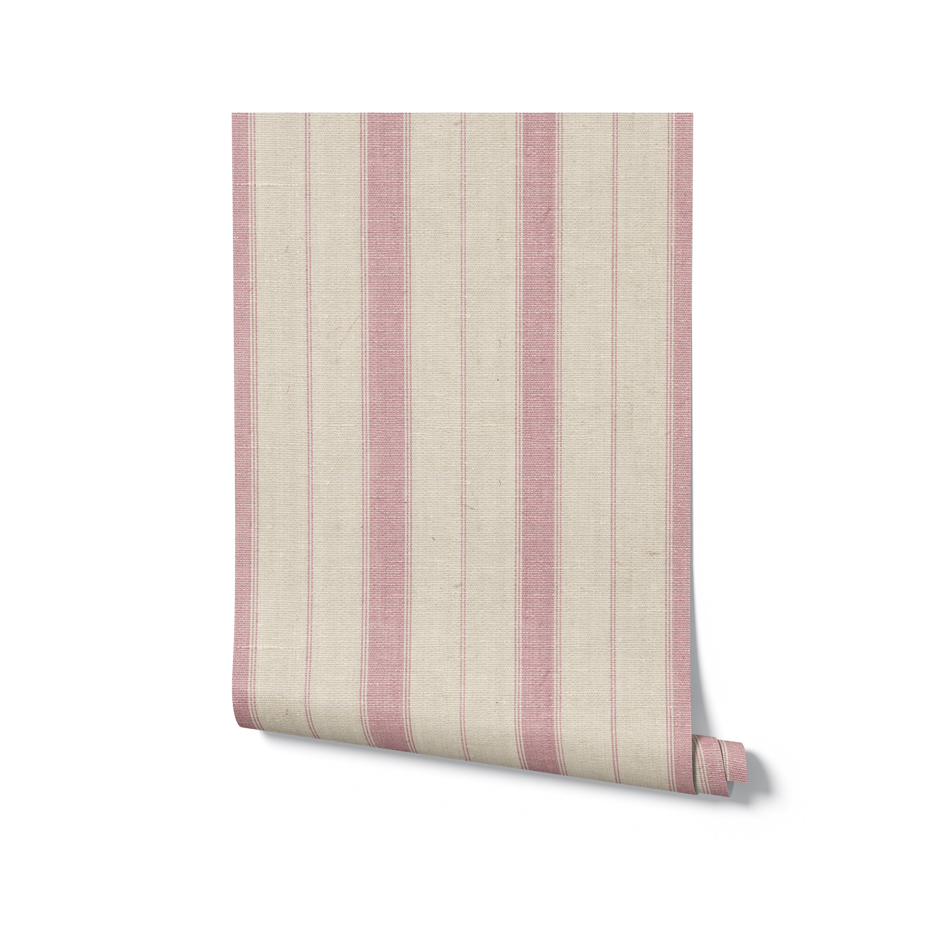 A roll of vertical-striped wallpaper in beige and muted pink, neatly rolled and ready for use in home decoration projects, showcasing the texture and color scheme of the fabric.