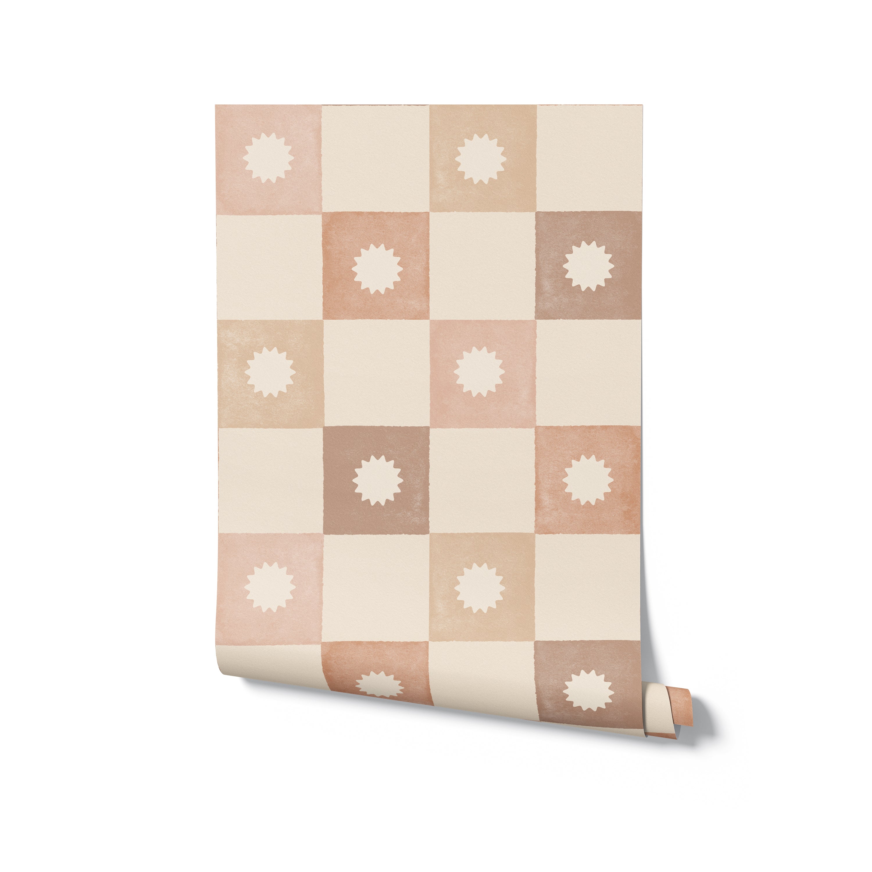 Roll of Marie Wallpaper displaying a soft pastel checkered pattern with a distinctive white starburst in each square, blending classic design with a touch of whimsy, perfect for a child's room or a creative space.