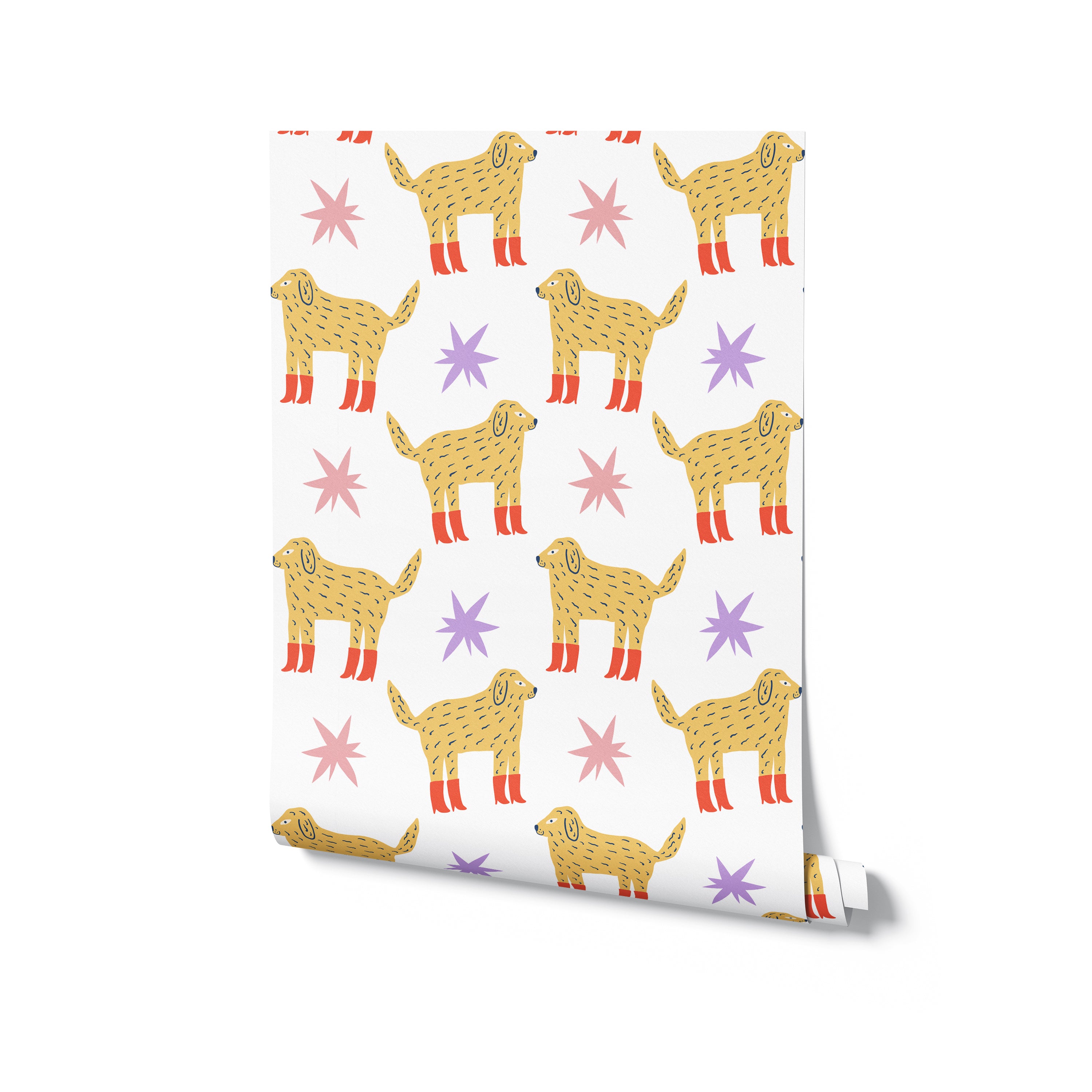A roll of 'Dog Wallpaper 43' displaying a joyful pattern of tan dogs wearing red boots, interspersed with colorful stars on a white base. This wallpaper is perfect for brightening up spaces with its fun and energetic design, suitable for nurseries or playrooms.