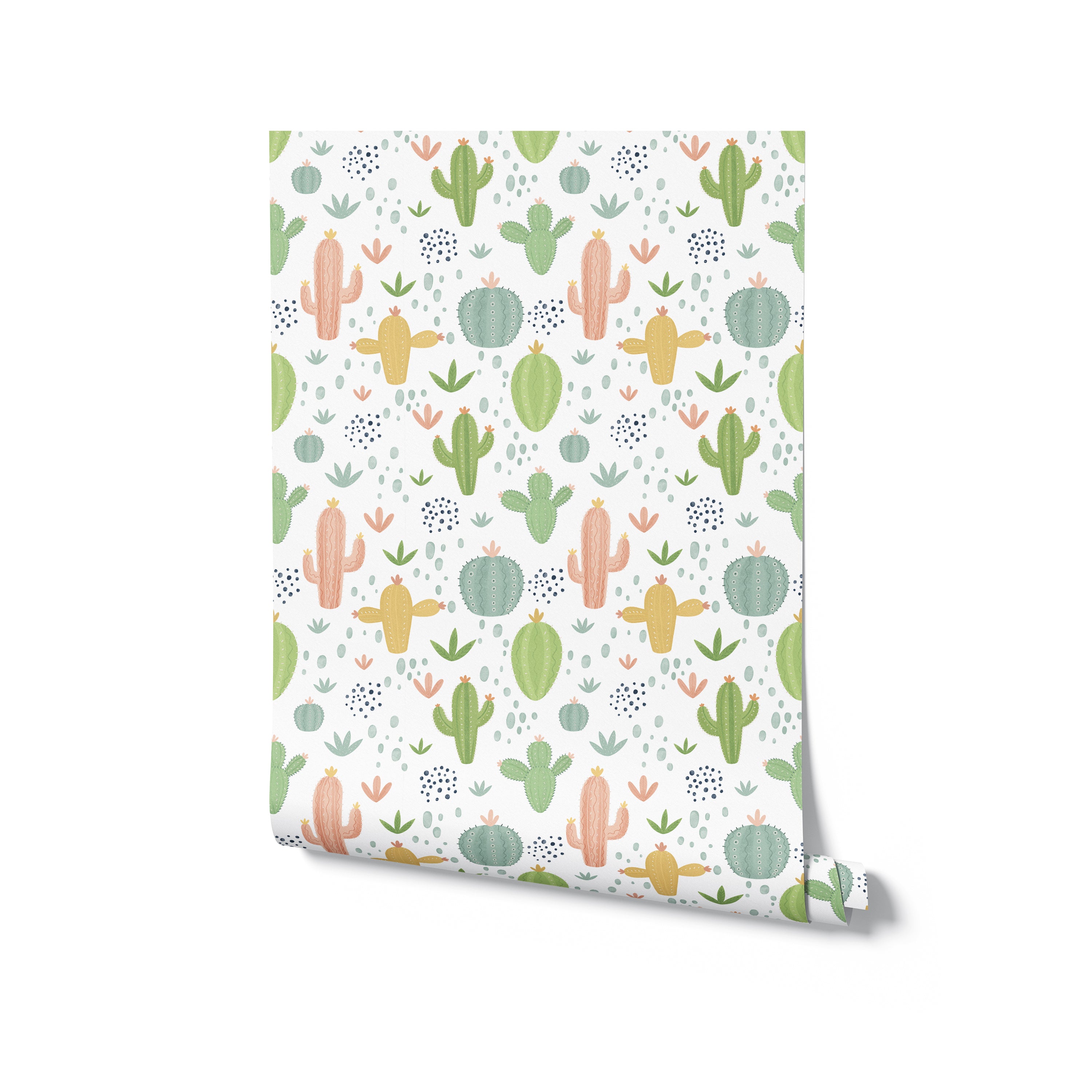A roll of 'Colourful Cactus Kids Wallpaper' showcasing diverse cactus species in an array of green and soft pastel tones with tiny orange and yellow flowers, ideal for creating a lively and engaging environment in nurseries or playrooms.