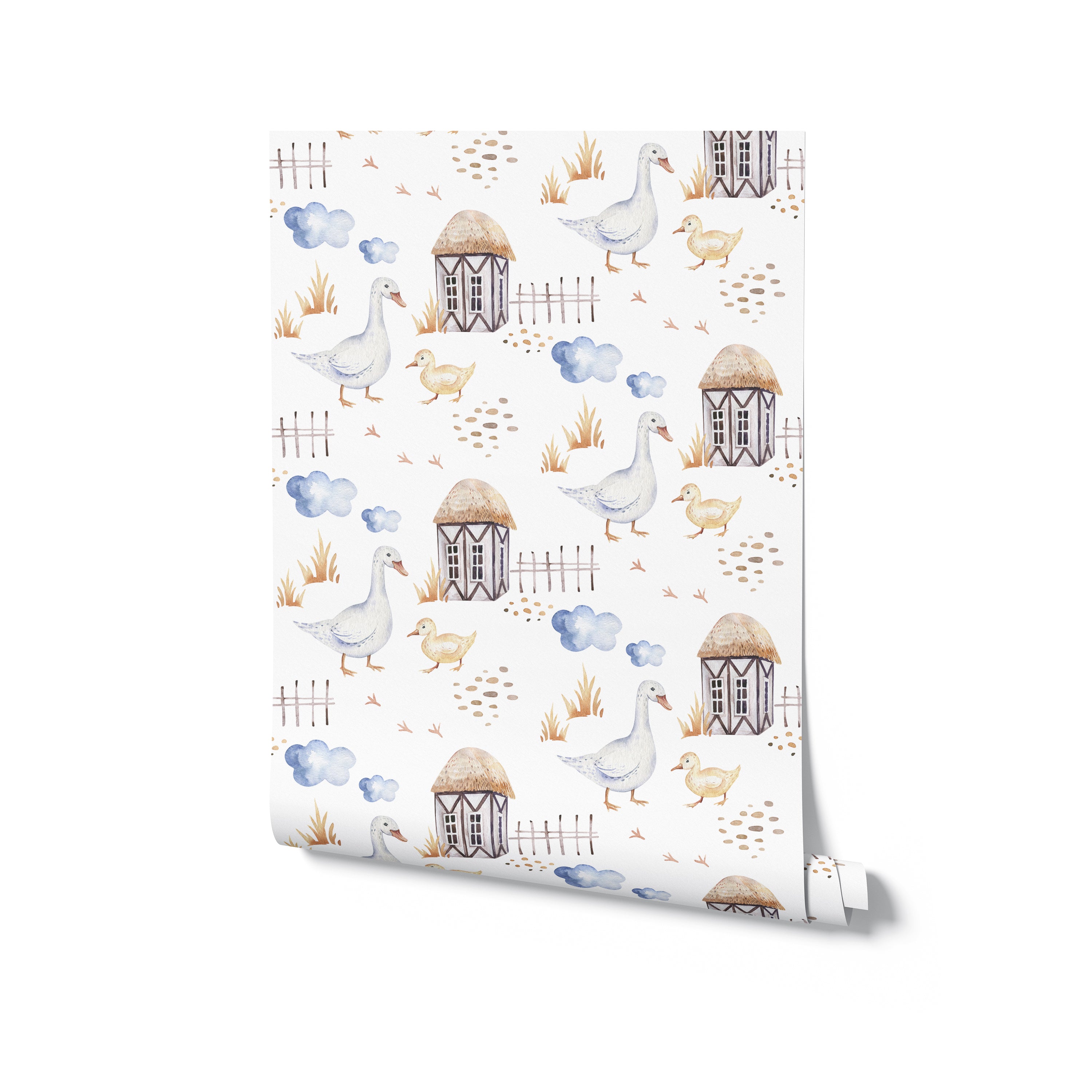 Roll of 'Watercolor Farm Animals VI' wallpaper showing a detailed and whimsical farm scene with geese, chicks, farmhouses, and clouds in soft watercolor tones on a white background, ideal for adding a touch of rustic charm to any room