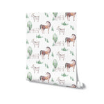 Roll of 'Watercolor Farm Animals V' wallpaper displaying a gentle watercolor depiction of farm animals including horses and goats, with scattered trees and fences on a white backdrop, ideal for adding a peaceful rural charm to any space
