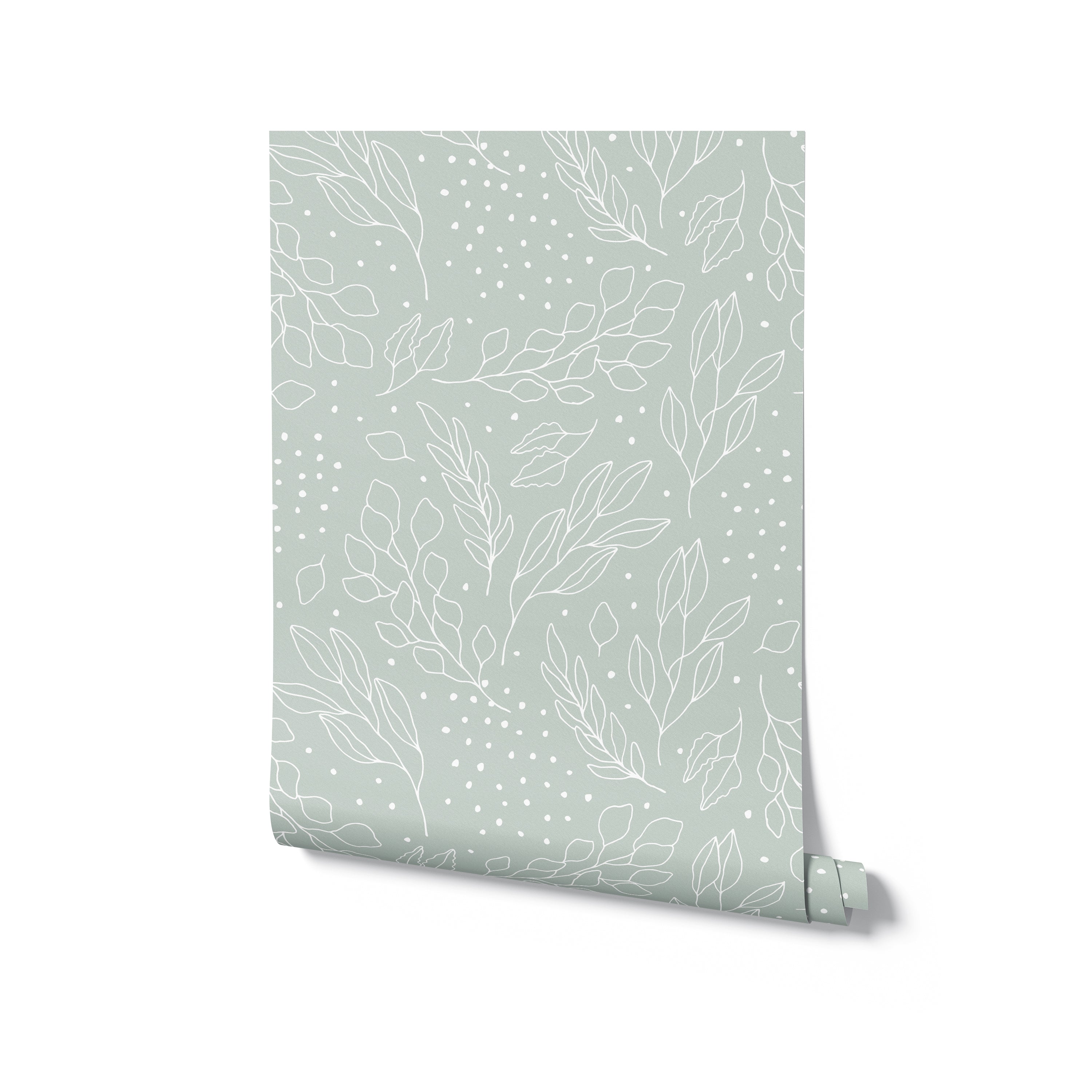 Rolled Ferns and Leaves Wallpaper featuring a continuous light sage green leaf pattern. This design exudes a fresh and airy feel, perfect for modern home decor that calls for a natural touch