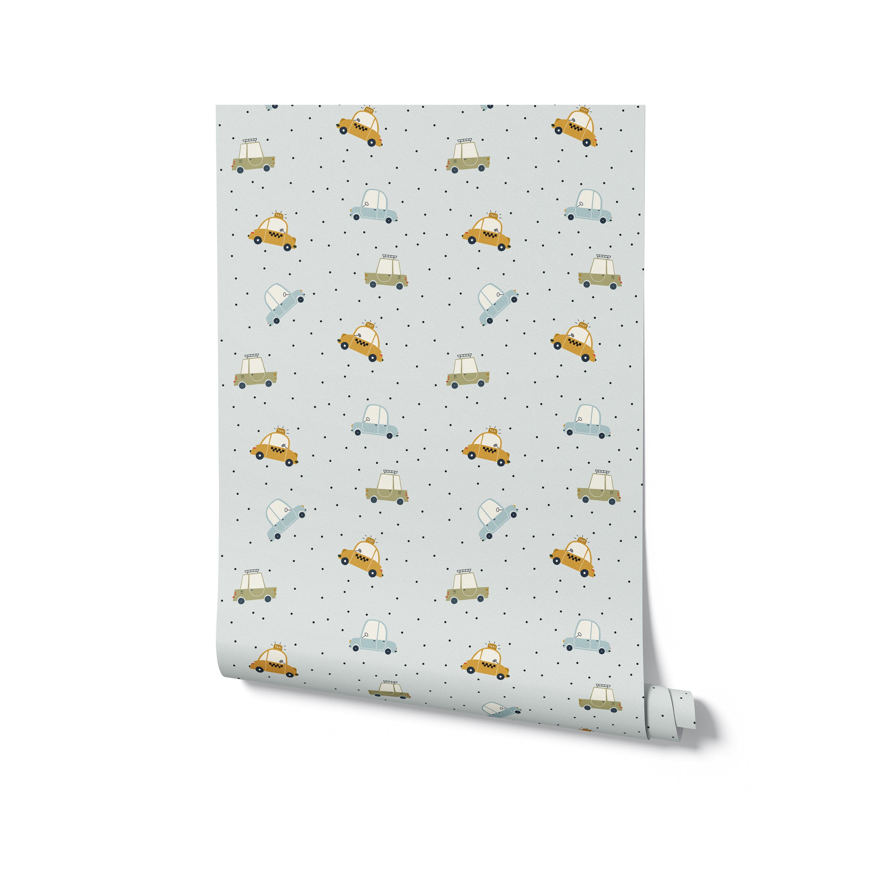 Rolled view of Cute Cars Wallpaper displaying a whimsical pattern of small cartoon cars in blue and yellow on a dotted light gray background. This adorable design is ideal for nurseries or playrooms, creating a lively and engaging atmosphere for children