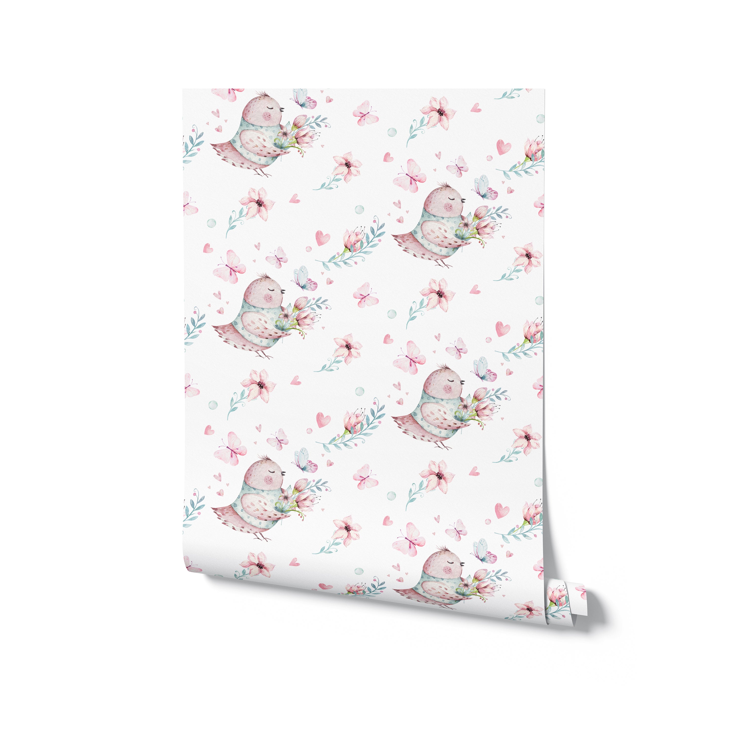 A roll of 'Fairy and Flowers Wallpaper IV', unfurled to show a charming pattern of whimsical birds with botanical wings, soft pink flowers, and light blue butterflies, set against a white background, ideal for adding a magical touch to any child's room