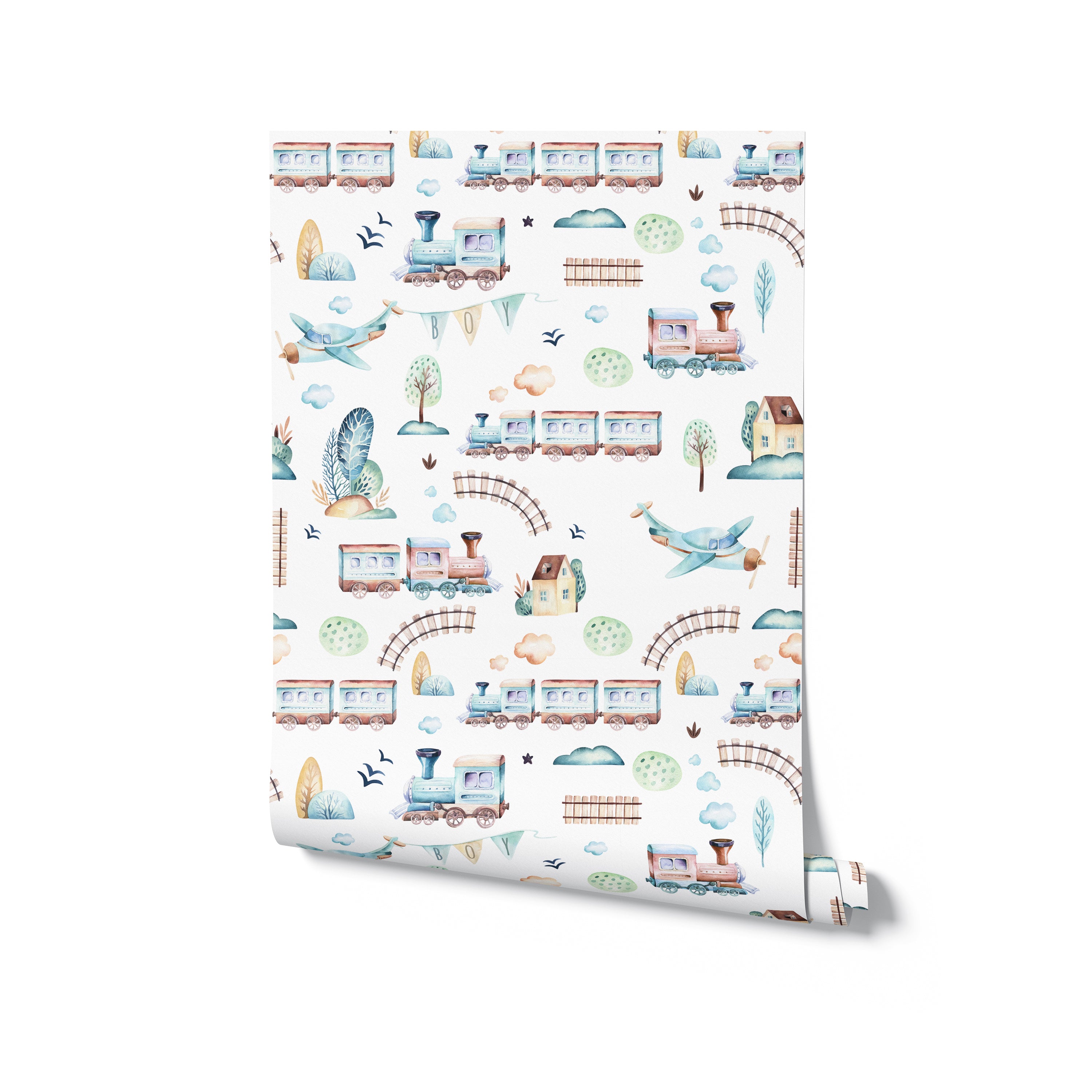 A lively children's play area adorned with 'Trains and Planes Kids Wallpaper II.' The wallpaper adds a touch of adventure with its depiction of trains and airplanes traveling through a colorful landscape of houses and trees, accompanied by fluffy clouds and playful details.