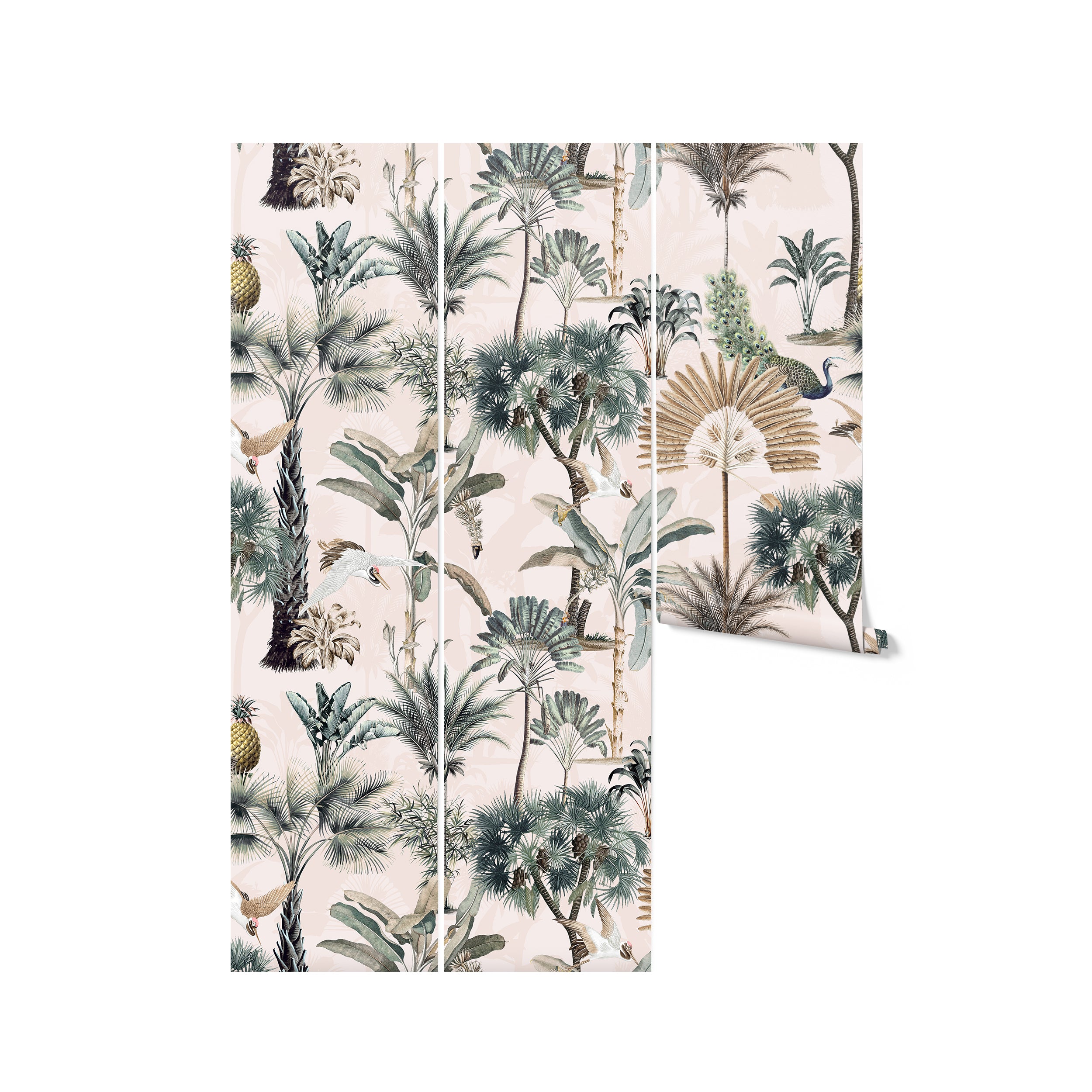 Close-up of Exotic Tropical Wallpaper roll highlighting intricate details of tropical plants and birds in a natural palette.