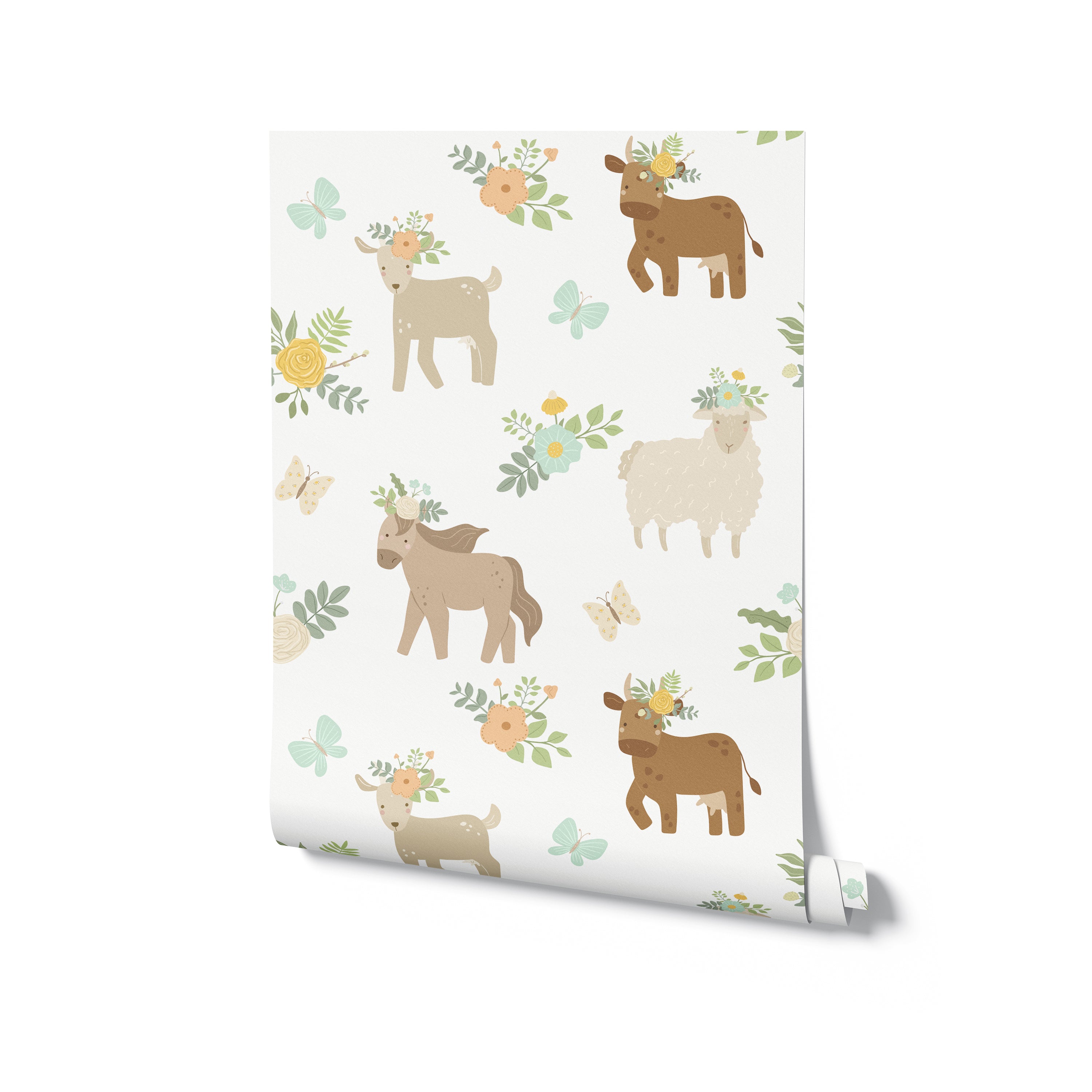 Roll of children’s wallpaper with a charming pattern of pastel farm animals, each adorned with floral wreaths, set against a backdrop of light-colored foliage and butterflies, perfect for adding a touch of spring to any child's room.