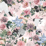 Detailed view of Pink Kyoto Dreams Wallpaper, featuring a vibrant array of peonies, chrysanthemums, and cherry blossoms interspersed with elegant cranes and traditional Japanese pagodas, set against a soft pink background