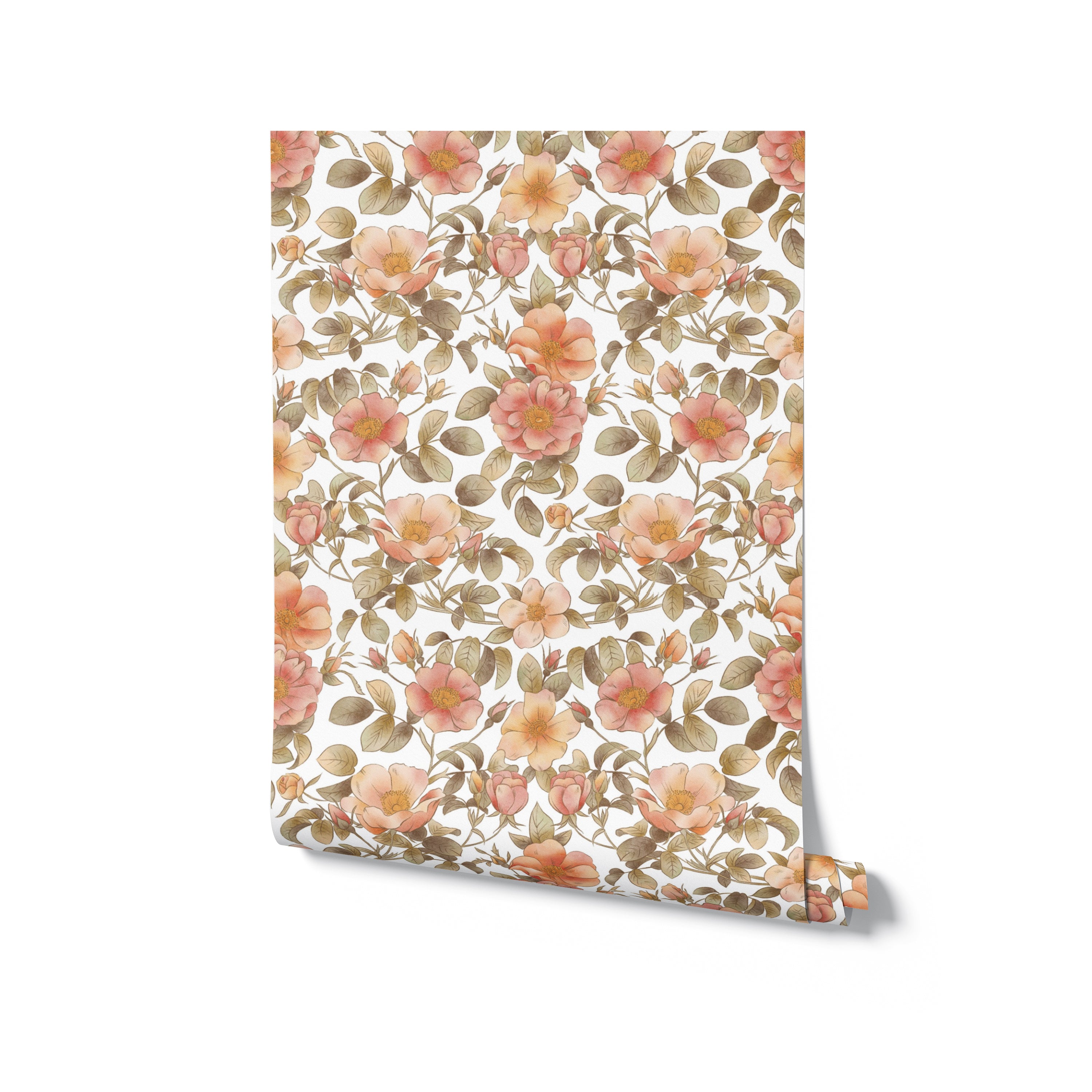 Detailed view of Garden Prairie Watercolour Wallpaper with lush watercolor flowers in pastel peach and brown hues.