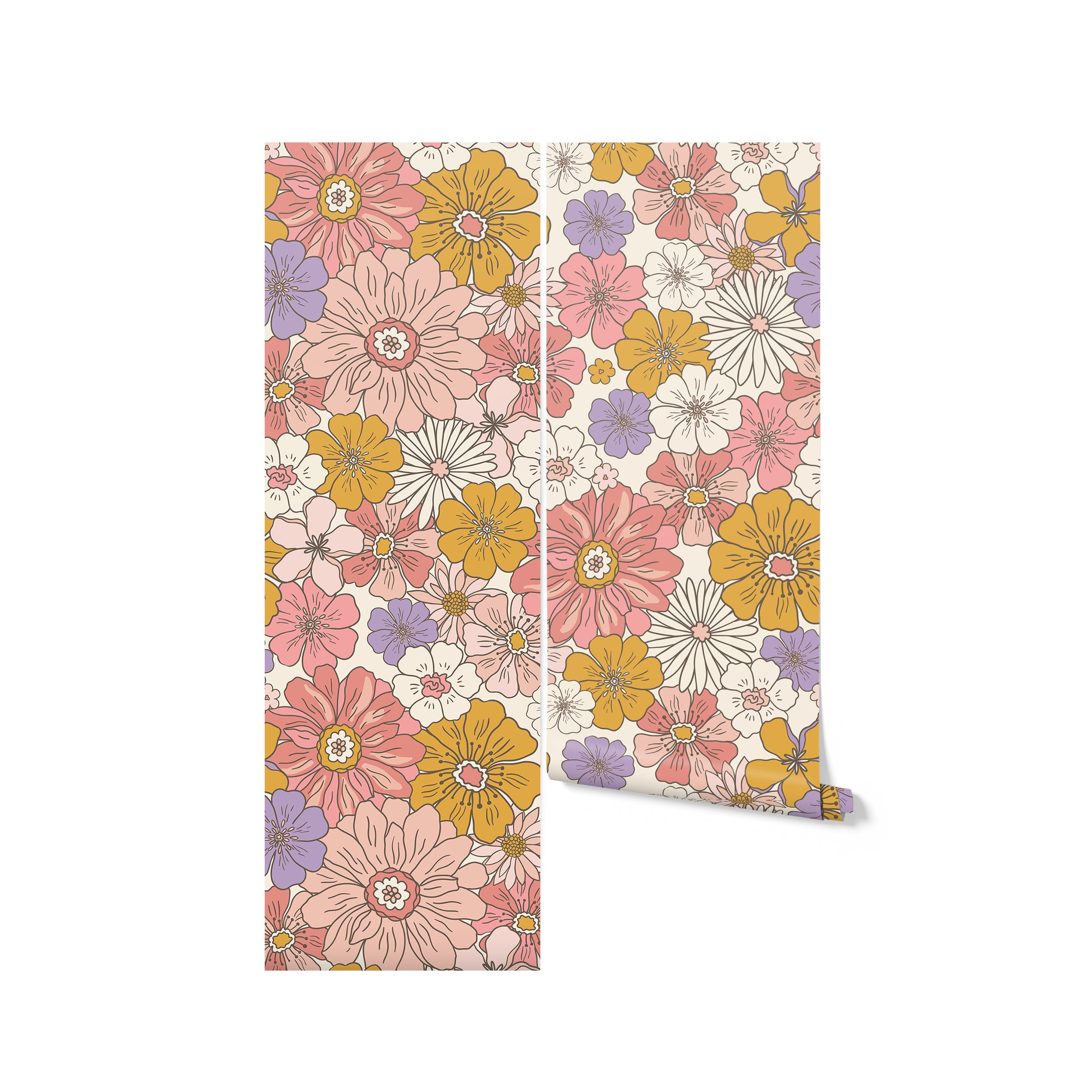 A roll of Retro Groovy Flower Wallpaper showcasing a vibrant mix of large, colorful flowers in retro styles, perfect for adding a bold and cheerful touch to any space