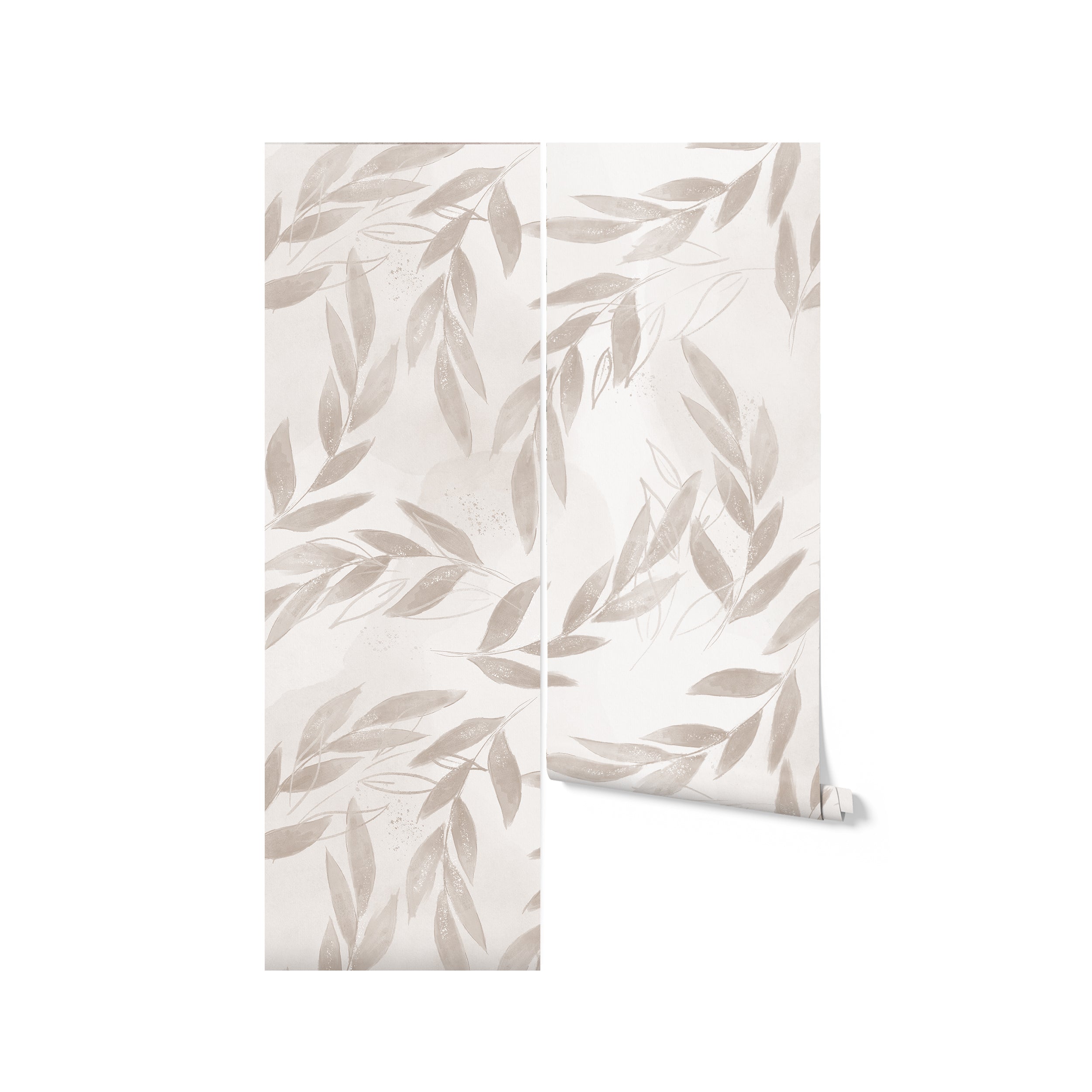 Rolled Shimmering Beige Floral Wallpaper showcasing a pattern of delicate leaves in beige with a soft shimmer finish, ideal for adding a refined and tranquil atmosphere to any room.